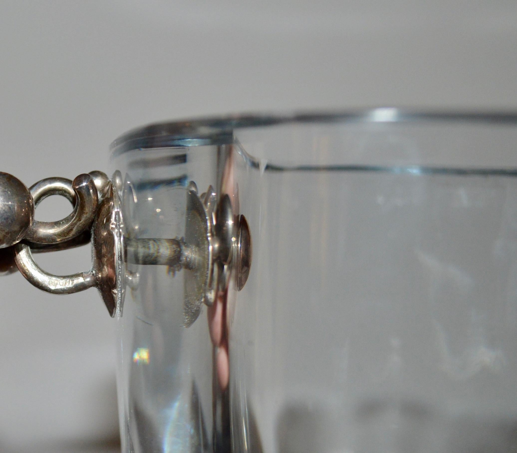 Mid-Century Stromberg Blue Tinted Glass Ice Bucket with Hallmarked Silver Handle In Good Condition For Sale In Haddonfield, NJ