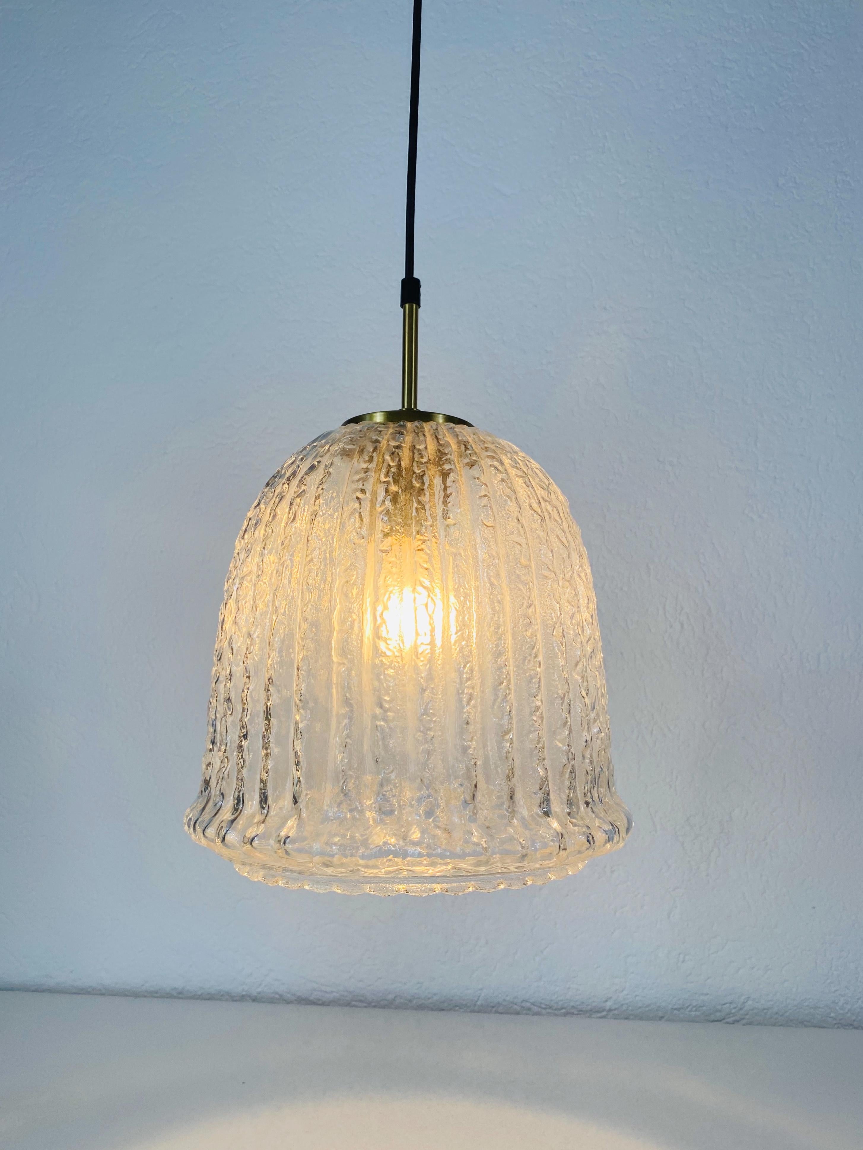 Brass Midcentury Structured Glass Chandelier by Limburg, 1960s For Sale