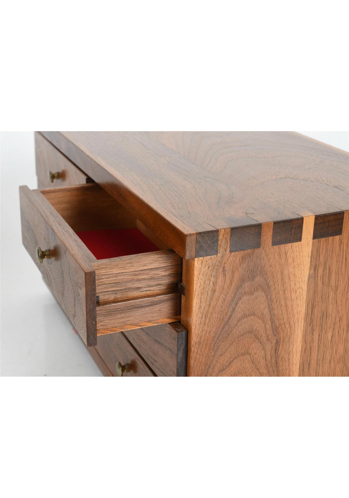 American Midcentury Studio Craft Small Dresser Top Jewelry Box 6-Drawer Walnut Brass For Sale