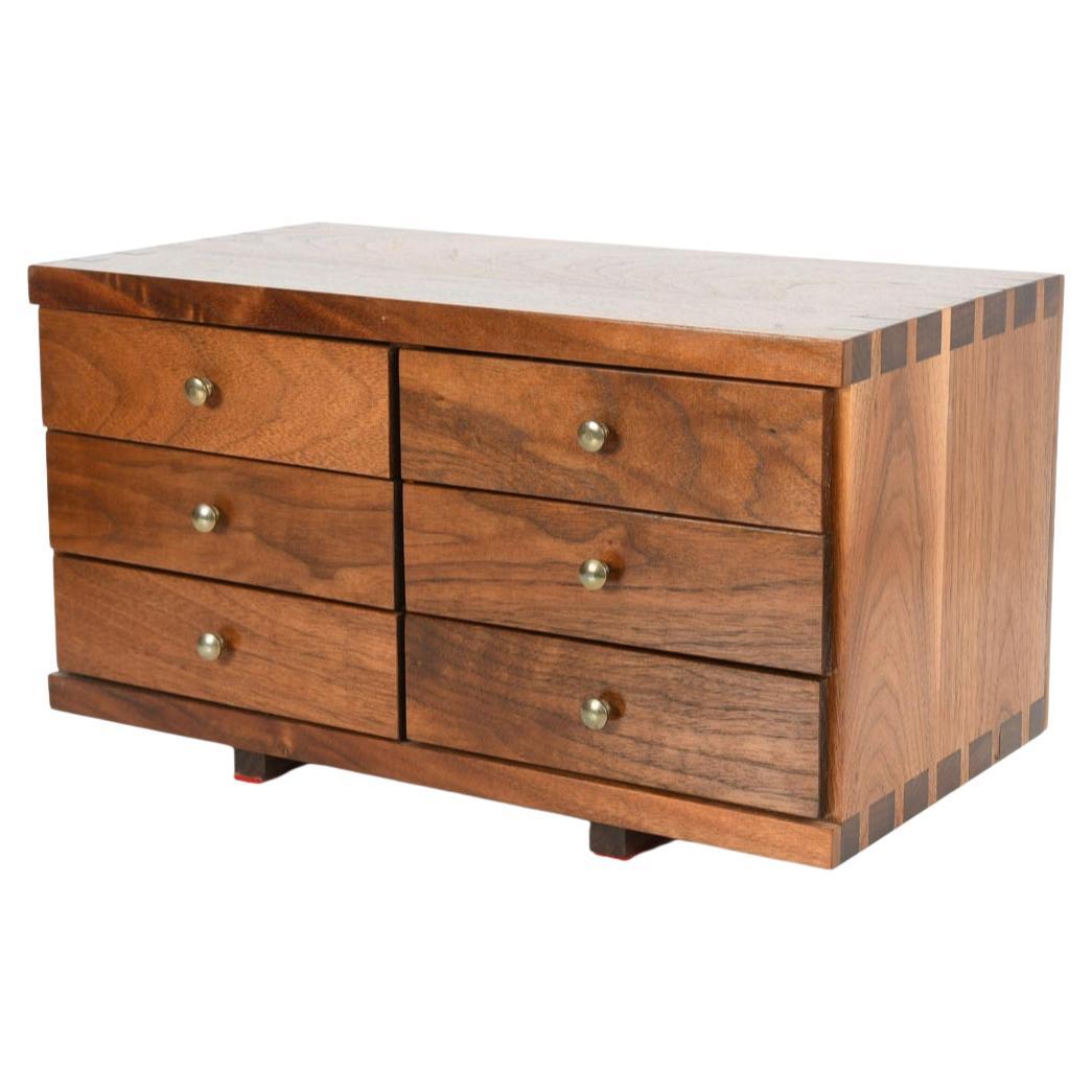 Midcentury Studio Craft Small Dresser Top Jewelry Box 6-Drawer Walnut Brass For Sale