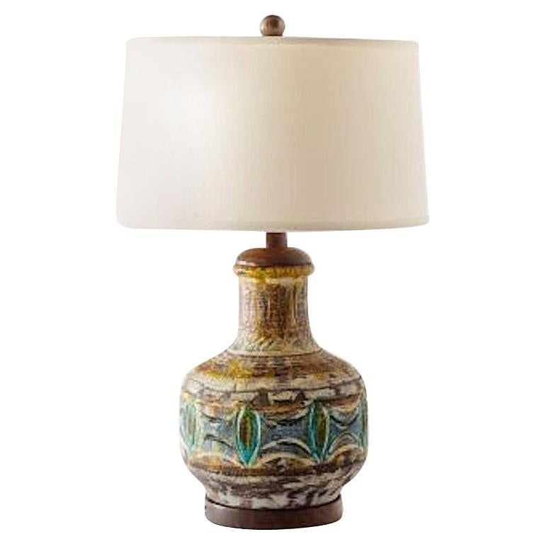 Midcentury Studio Pottery Glazed Ceramic Lamp with Turned Walnut Accents For Sale