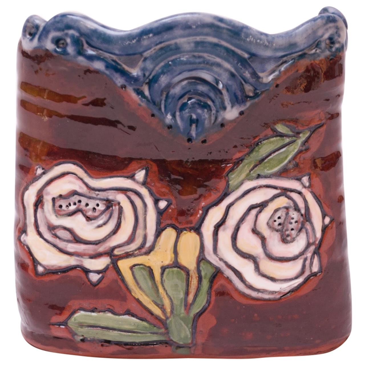 Midcentury Studio Terracotta Floral Vase Signed For Sale