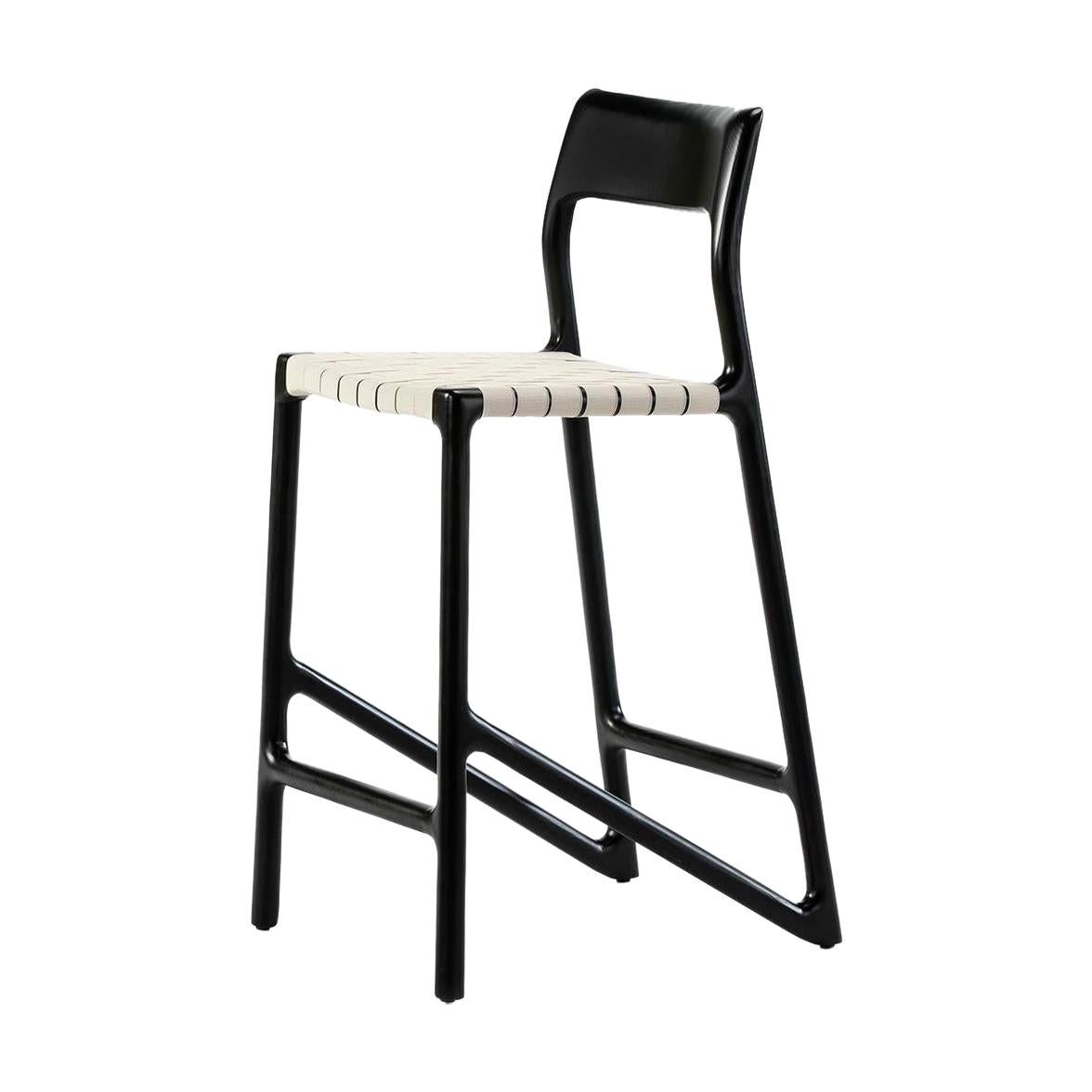 Midcentury Style Black Lacquered Wooden and White Canvas Counter Stool