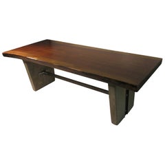 Mid Century Modern Black Walnut Live Edge Cocktail Table Or Bench w Stone Legs