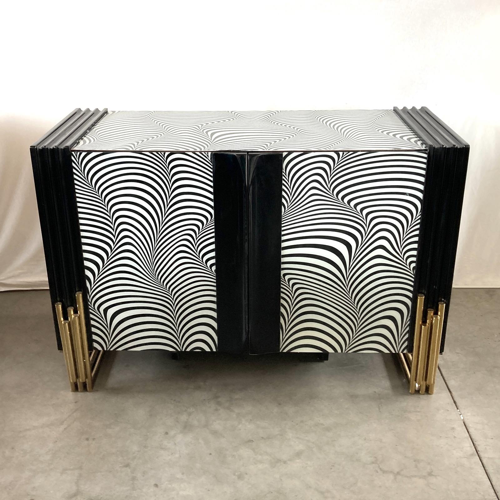 Midcentury Style Black & White Murano Glass and Brass Cabinet or Credenza  For Sale 2