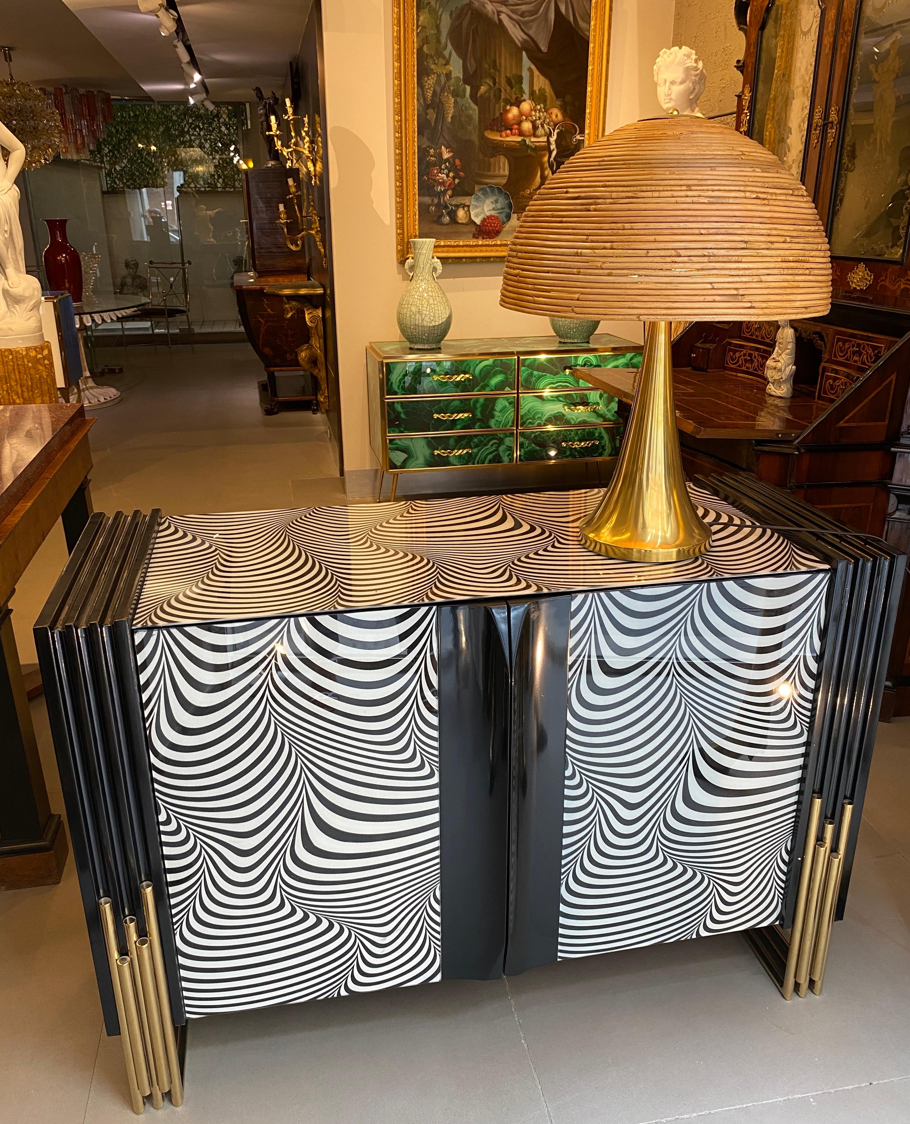 Midcentury Style Black & White Murano Glass and Brass Cabinet or Credenza  For Sale 6