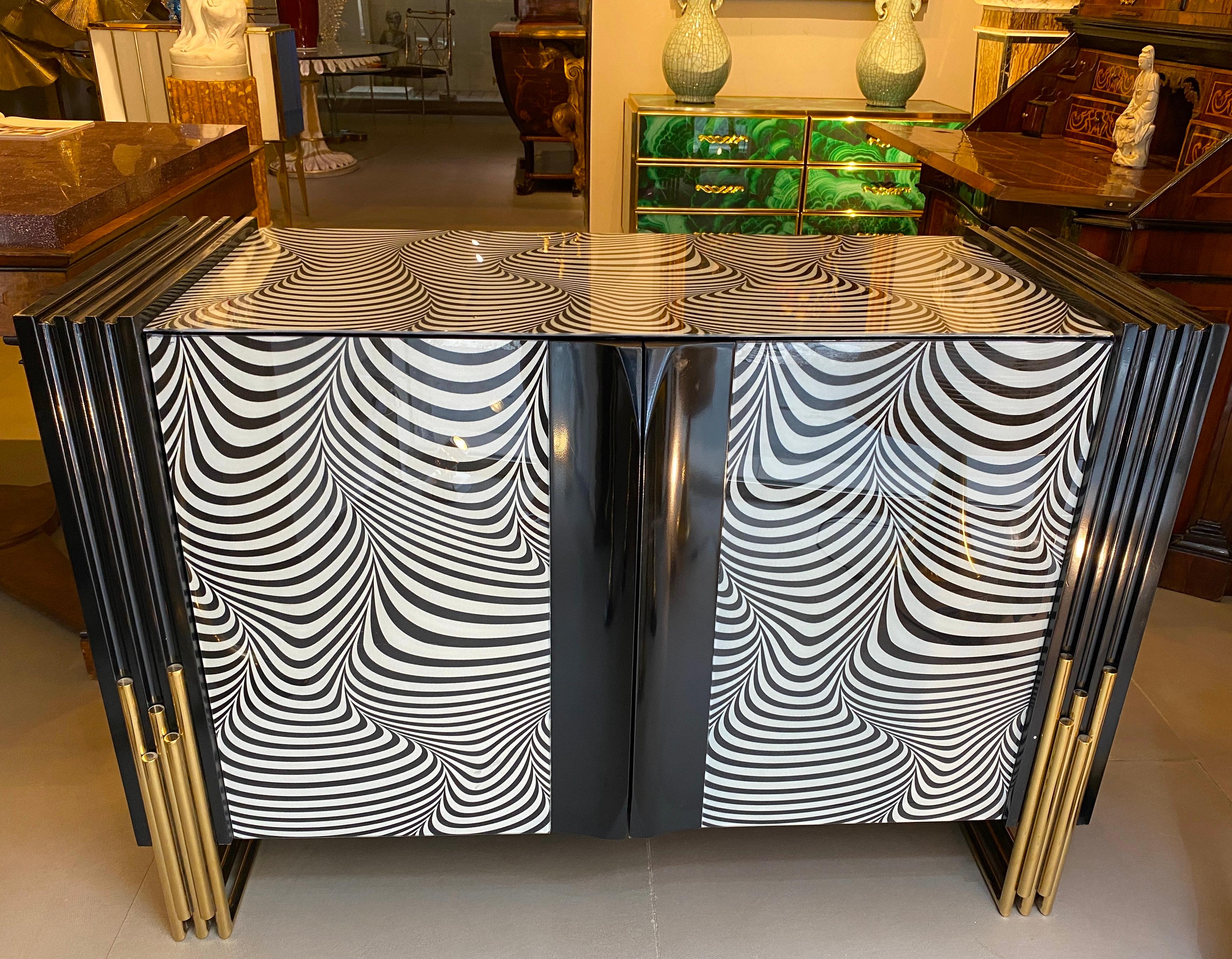 Midcentury Style Black & White Murano Glass and Brass Cabinet or Credenza  For Sale 7