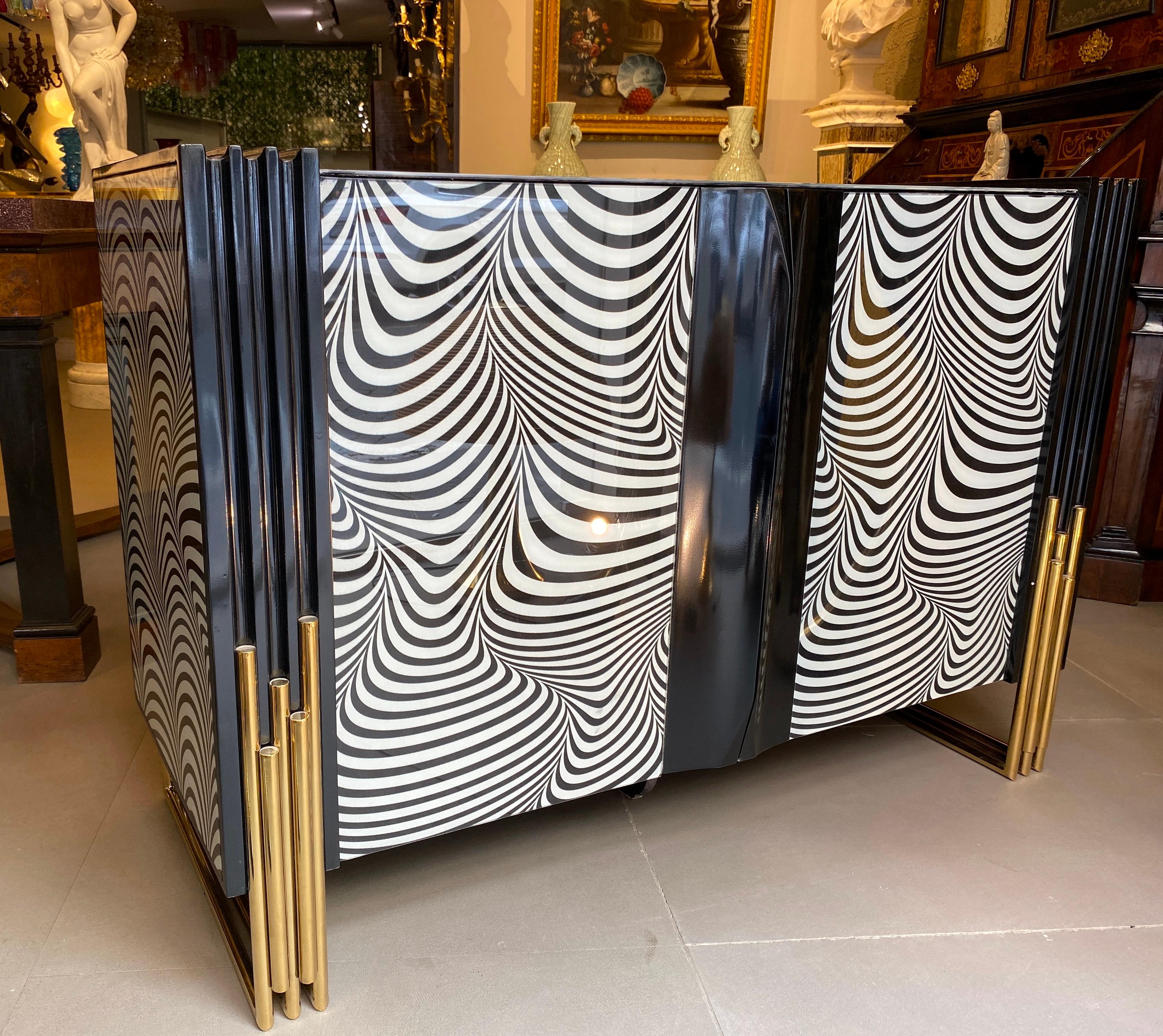 Midcentury Style Black & White Murano Glass and Brass Cabinet or Credenza  For Sale 8