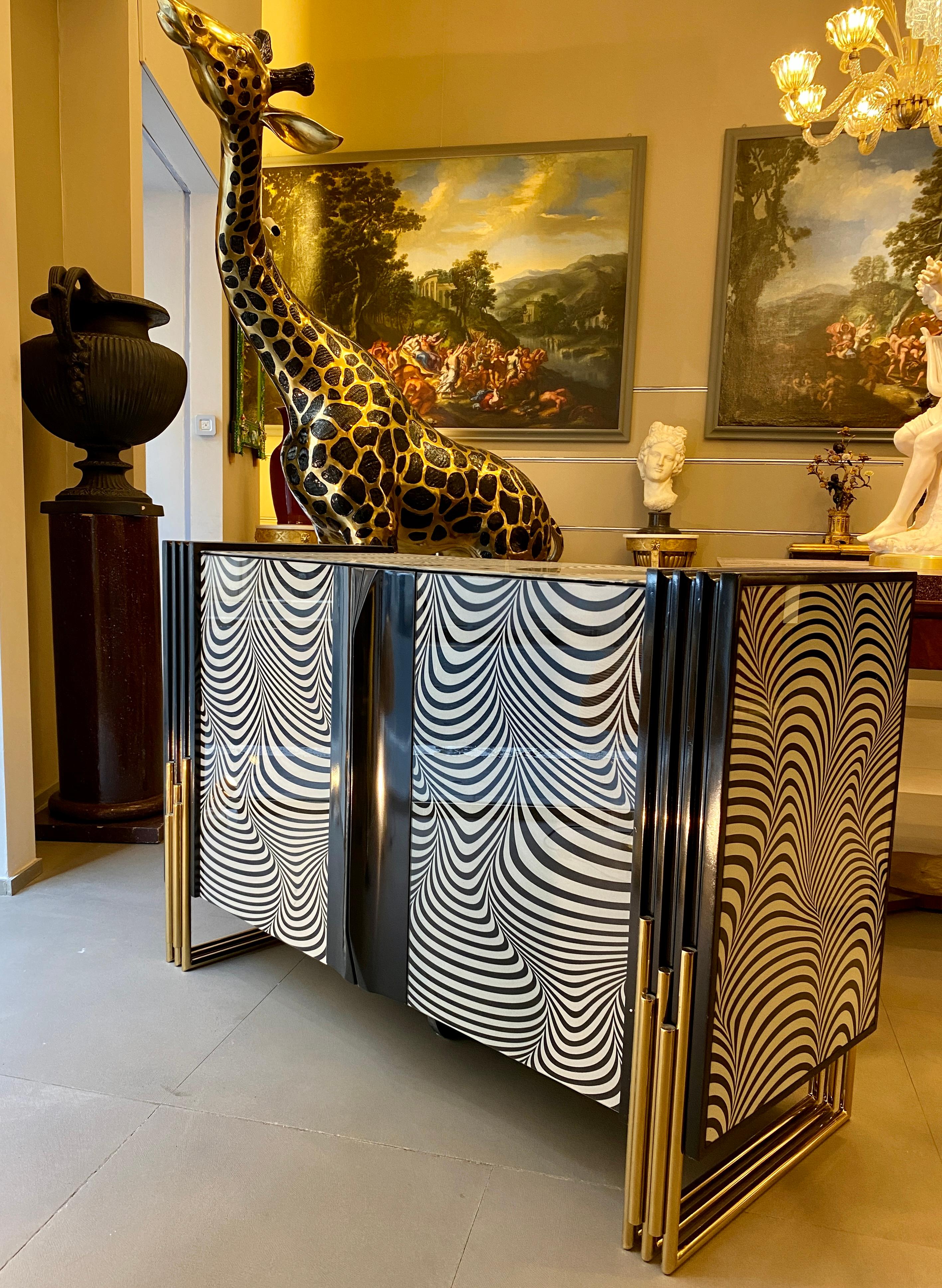 Italian Midcentury Style Black & White Murano Glass and Brass Cabinet or Credenza  For Sale