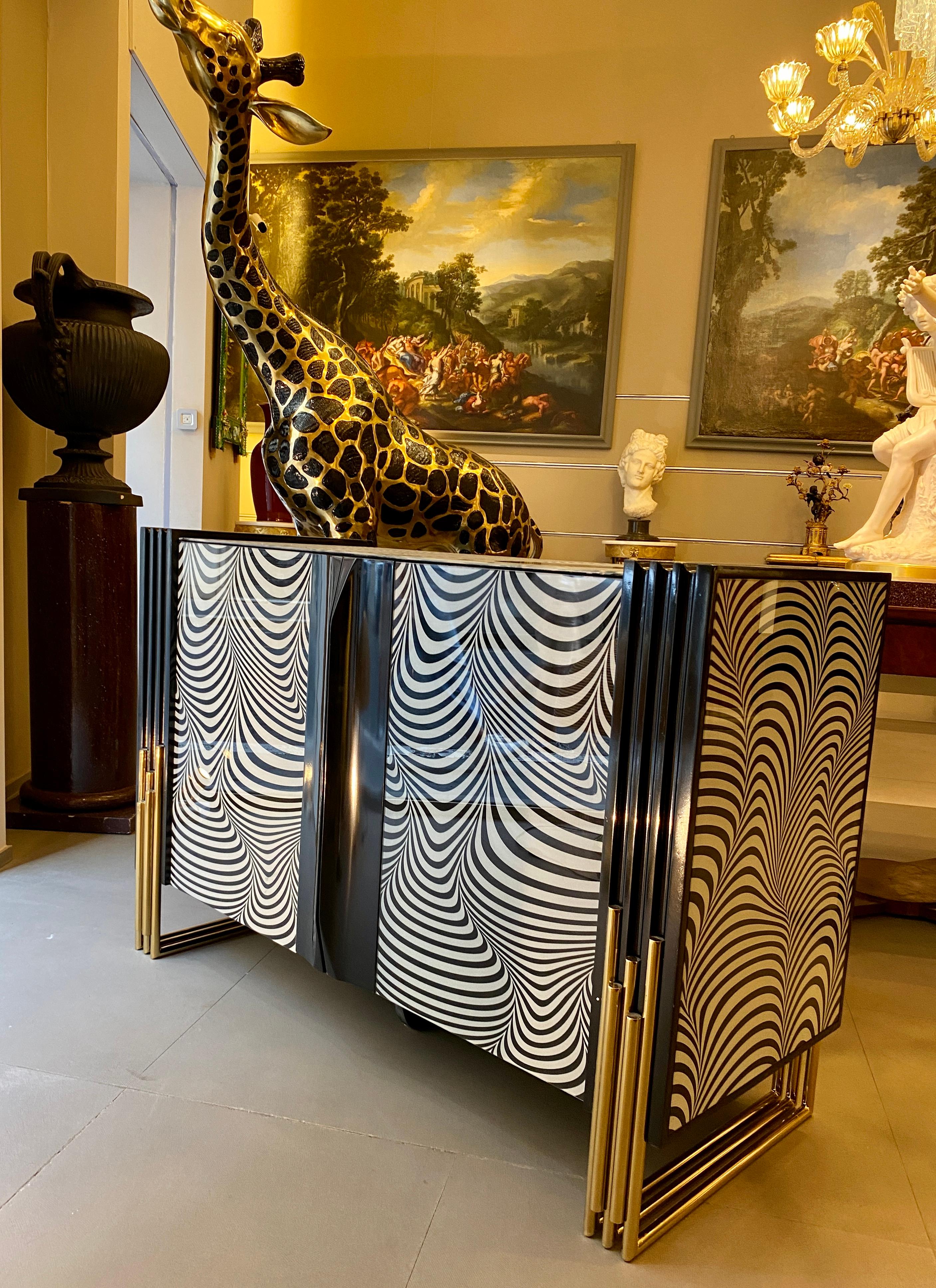 Midcentury Style Black & White Murano Glass and Brass Cabinet or Credenza  For Sale 9