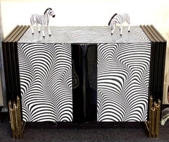 Midcentury Style Black & White Murano Glass and Brass Cabinet or Credenza