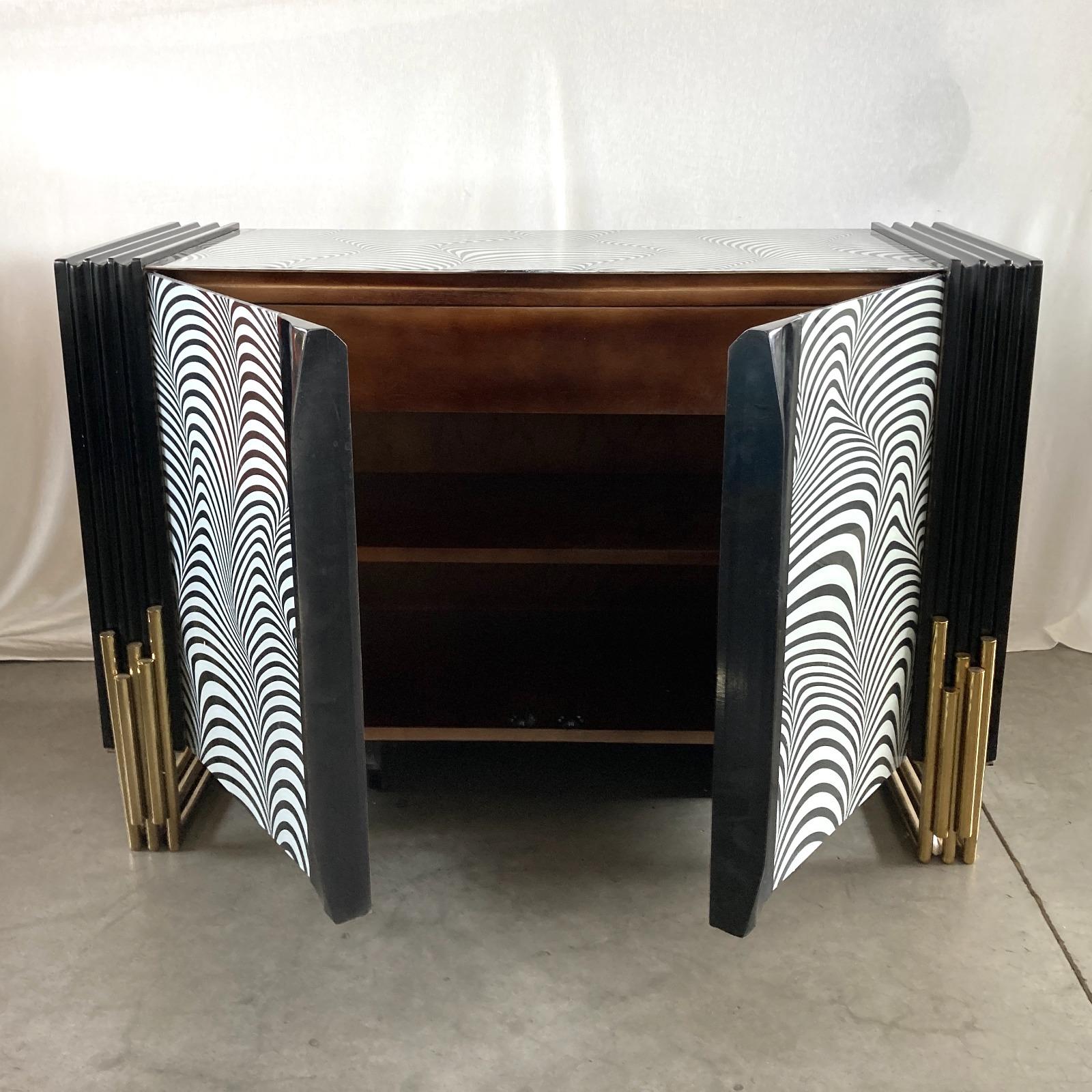 Mid-Century Modern Midcentury Style Black & White Murano Glass and Brass Cabinet or Credenza  For Sale