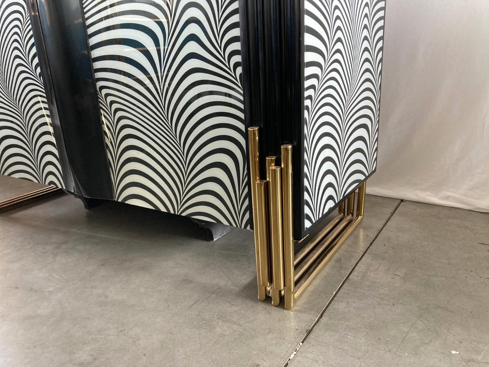 Wood Midcentury Style Black & White Murano Glass and Brass Cabinet or Credenza  For Sale