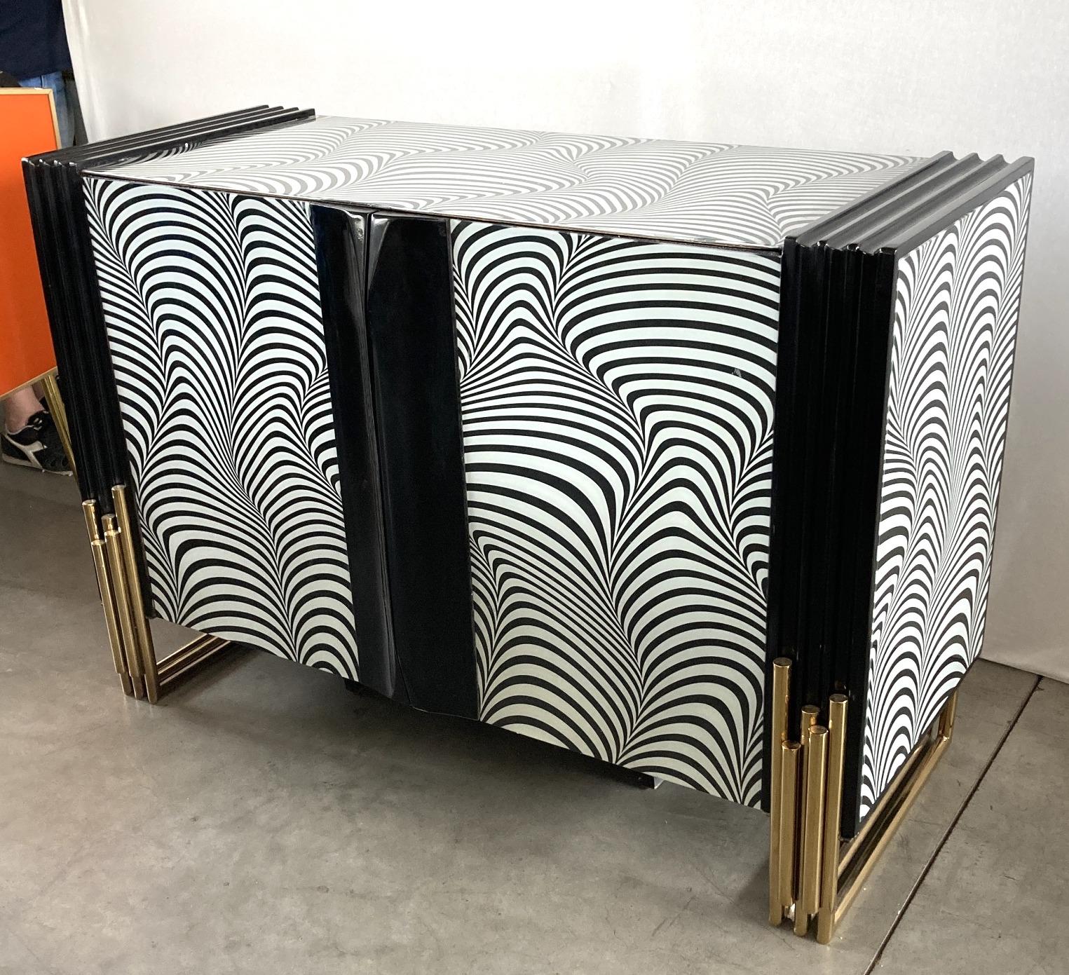 Midcentury Style Black & White Murano Glass and Brass Cabinet or Credenza  For Sale 1