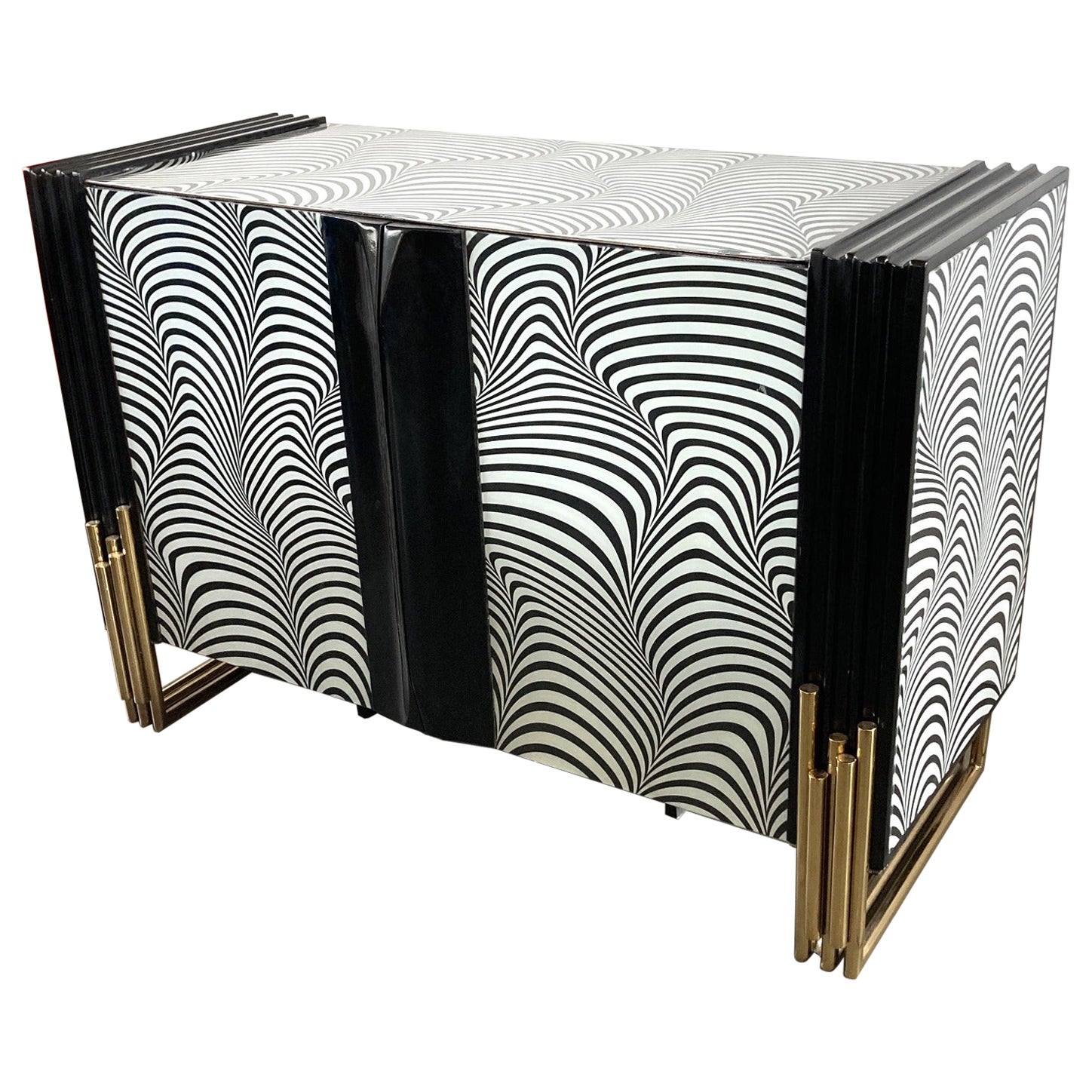 Midcentury Style Black & White Murano Glass and Brass Cabinet or Credenza