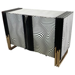Midcentury Style Black & White Murano Glass and Brass Cabinet or Credenza