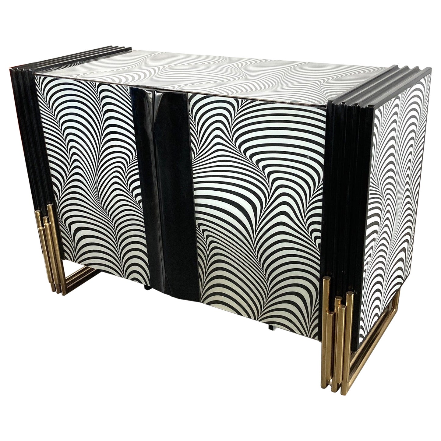 Midcentury Style Black & White Murano Glass and Brass Cabinet or Credenza  For Sale