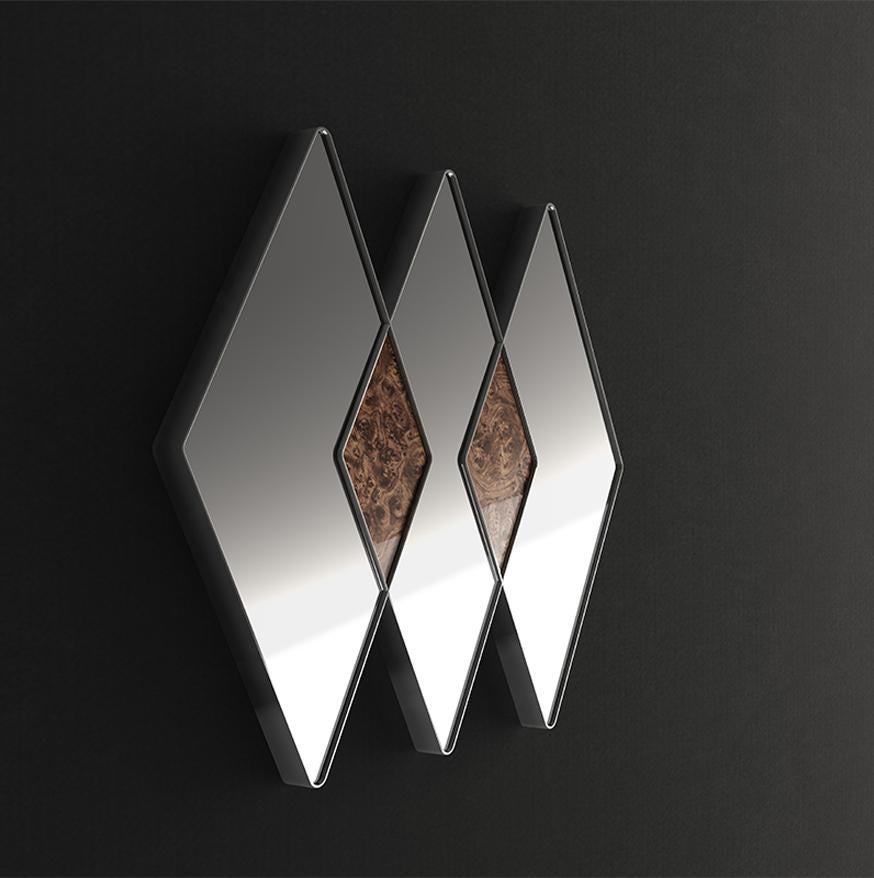Italian Midcentury Style, Blaze Mirror in Chromed Steel and Wood, Made in Italy For Sale