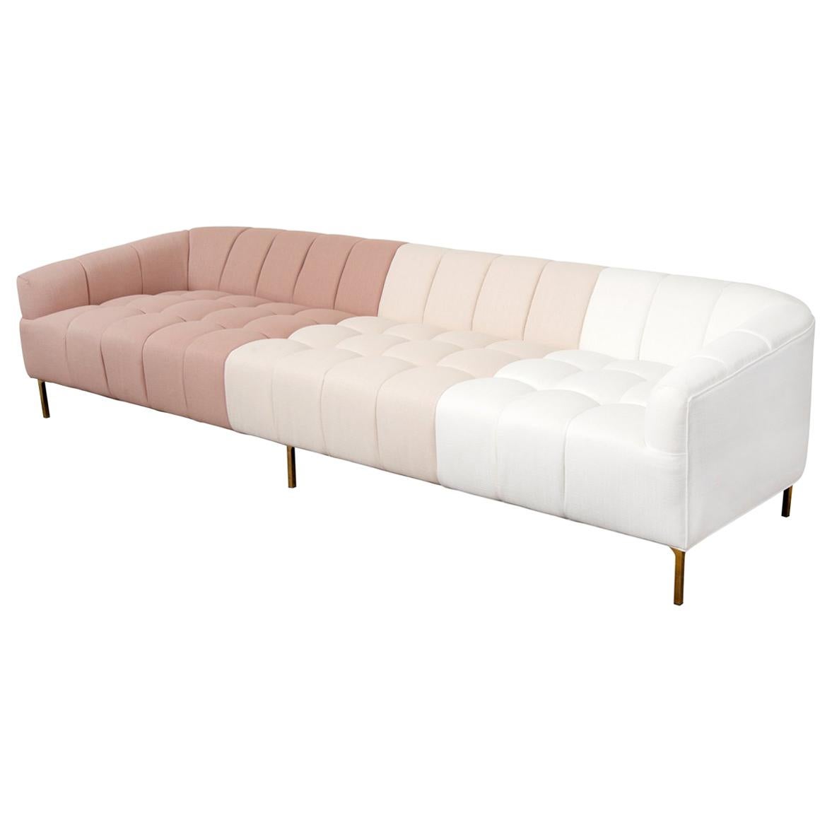 Midcentury Style Blush, Ivory, and White Ombre Sofa Polished Brass Legs For Sale