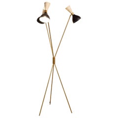 Midcentury Style Brass and Black and White Lacquered Tripod Floor Lamp Stilnovo
