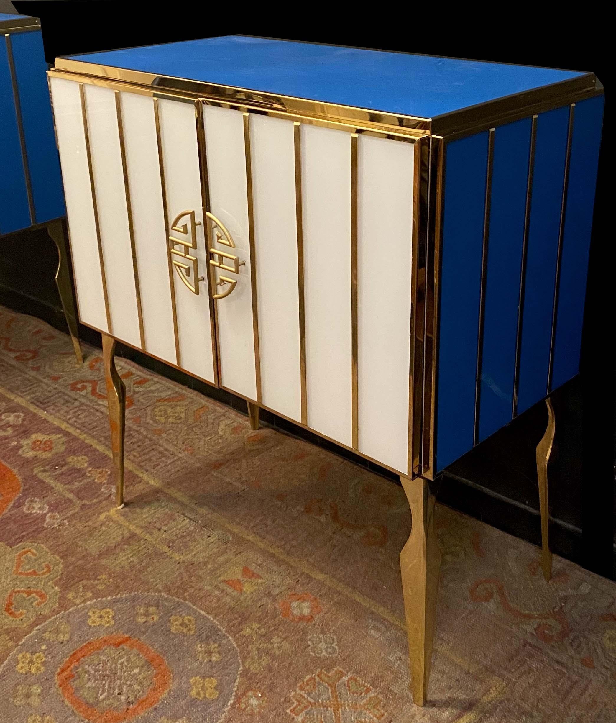 Midcentury Style Brass and Blu Murano Glass Bar Cabinet, 2020 For Sale 1