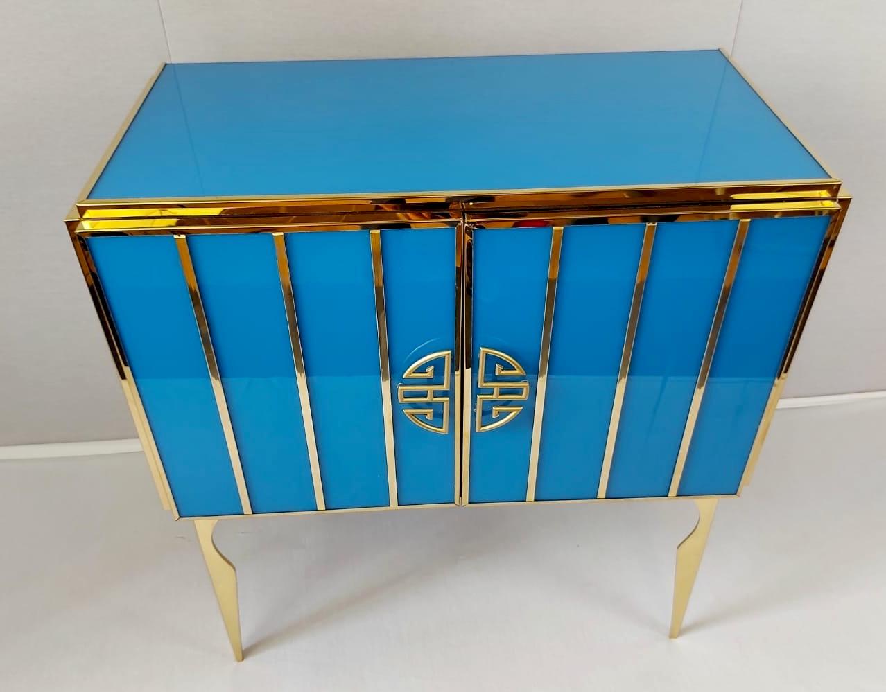 Mid-Century Modern Midcentury Style Brass and Blu Murano Glass Bar Cabinet, 2020 For Sale