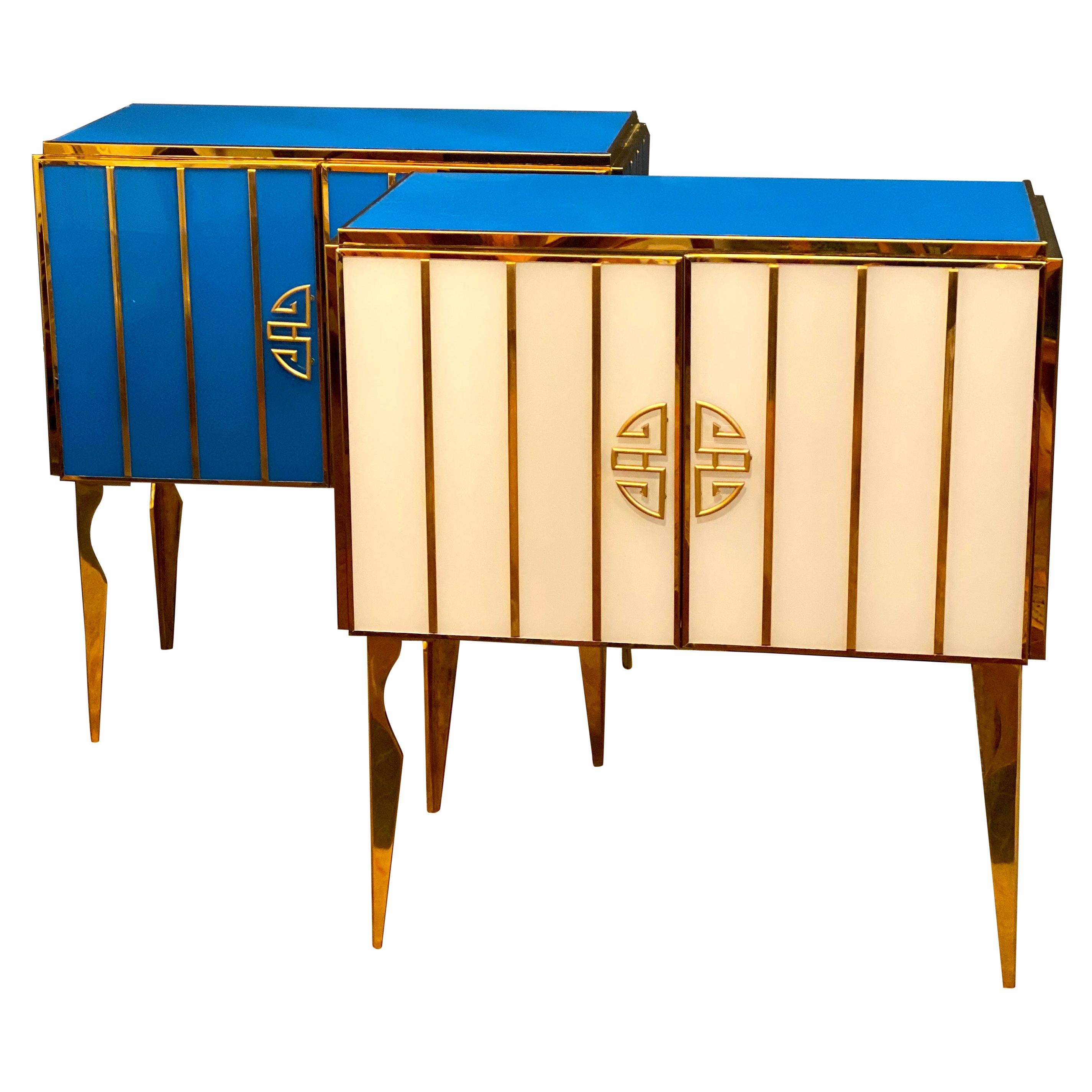 Italian Midcentury Style Brass and Blu Murano Glass Bar Cabinet, 2020 For Sale
