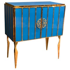 Midcentury Style Brass and Blu Murano Glass Bar Cabinet, 2020