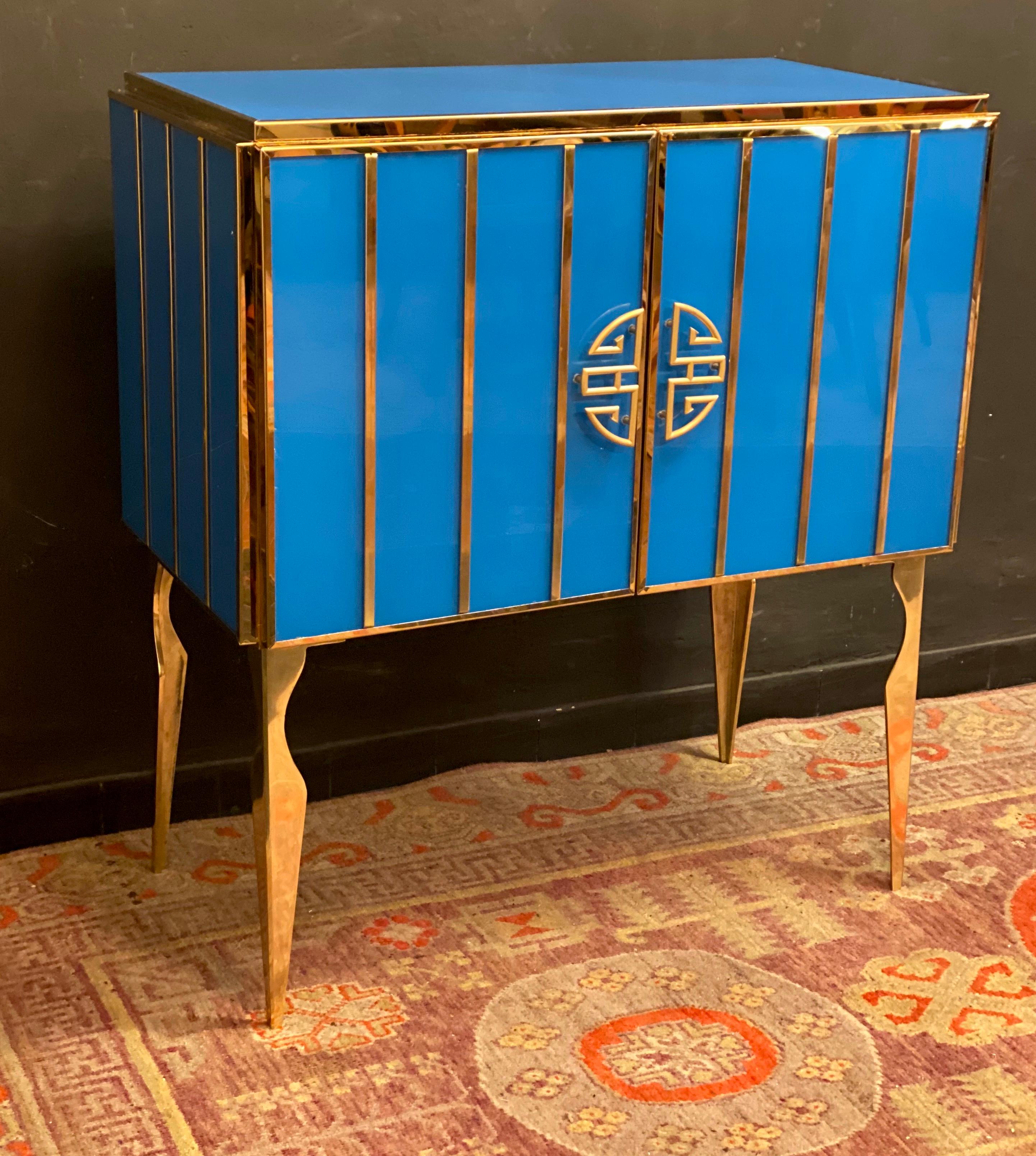 Midcentury Style Brass and Colored Murano Glass Bar Cabinet, 2020 For Sale 5