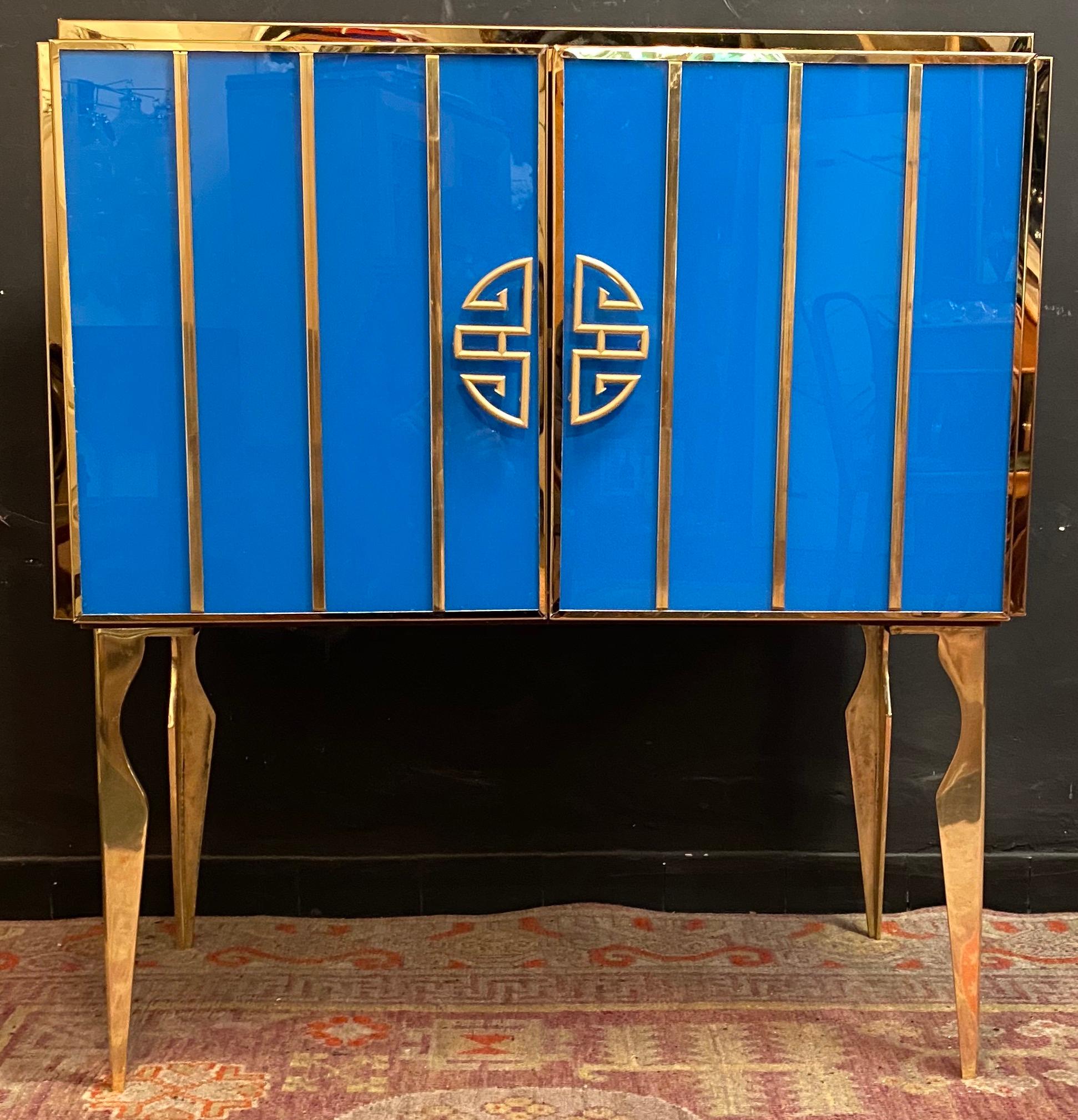 Midcentury Style Brass and Colored Murano Glass Bar Cabinet, 2020 For Sale 11