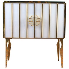 Midcentury Style Brass and Colored Murano Glass Bar Cabinet, 2020