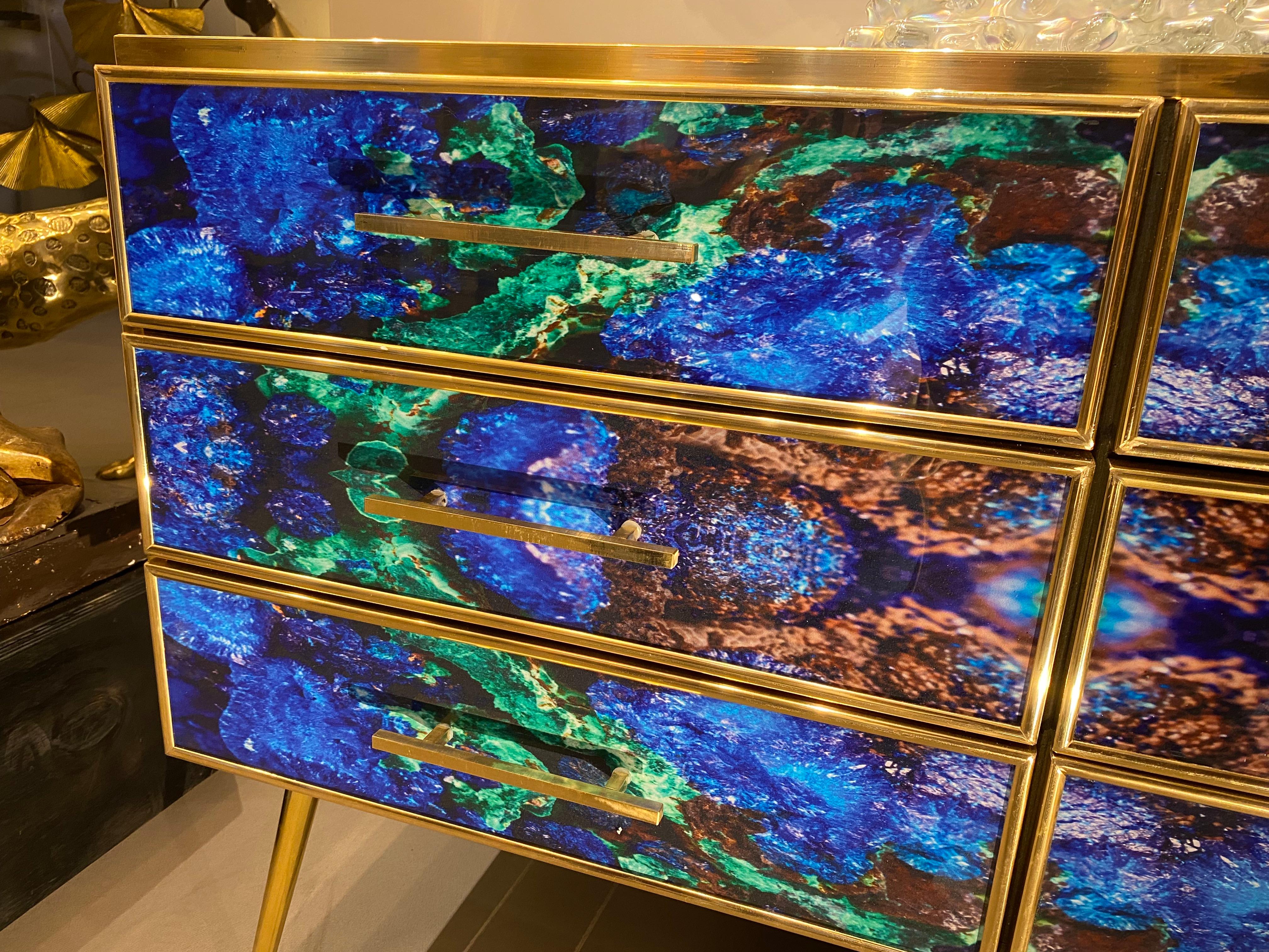 Midcentury Style Brass and Lapis Lazuli Colored Murano Glass Commode For Sale 4