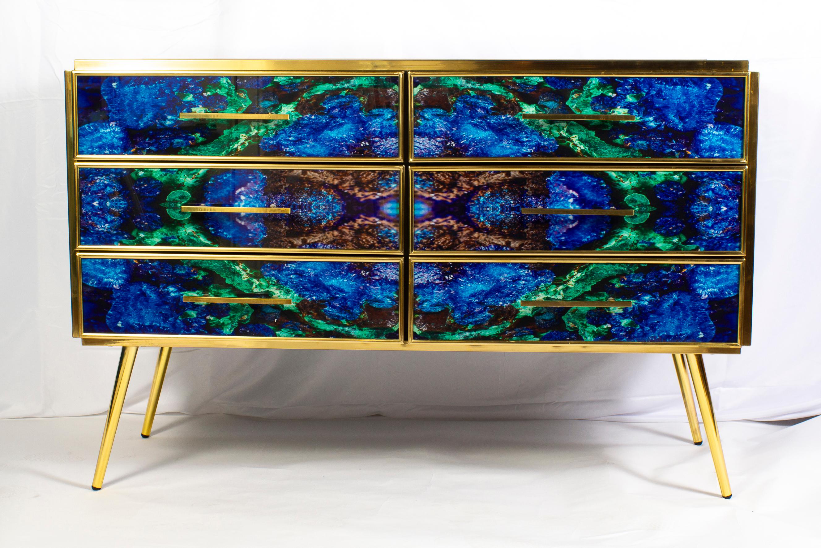 Midcentury Style Brass and Lapis Lazuli Colored Murano Glass Commode For Sale 9