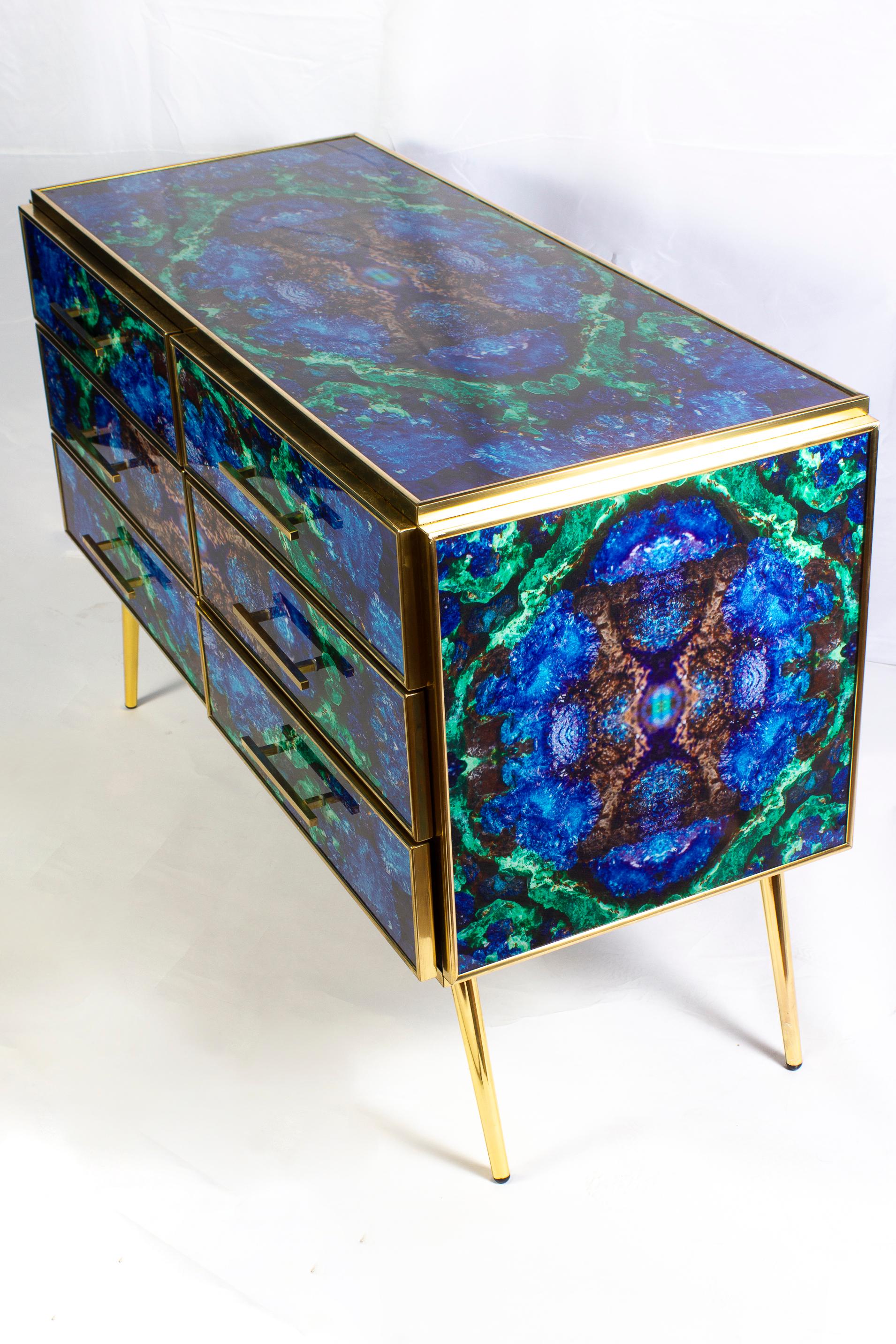 Midcentury Style Brass and Lapis Lazuli Colored Murano Glass Commode For Sale 10