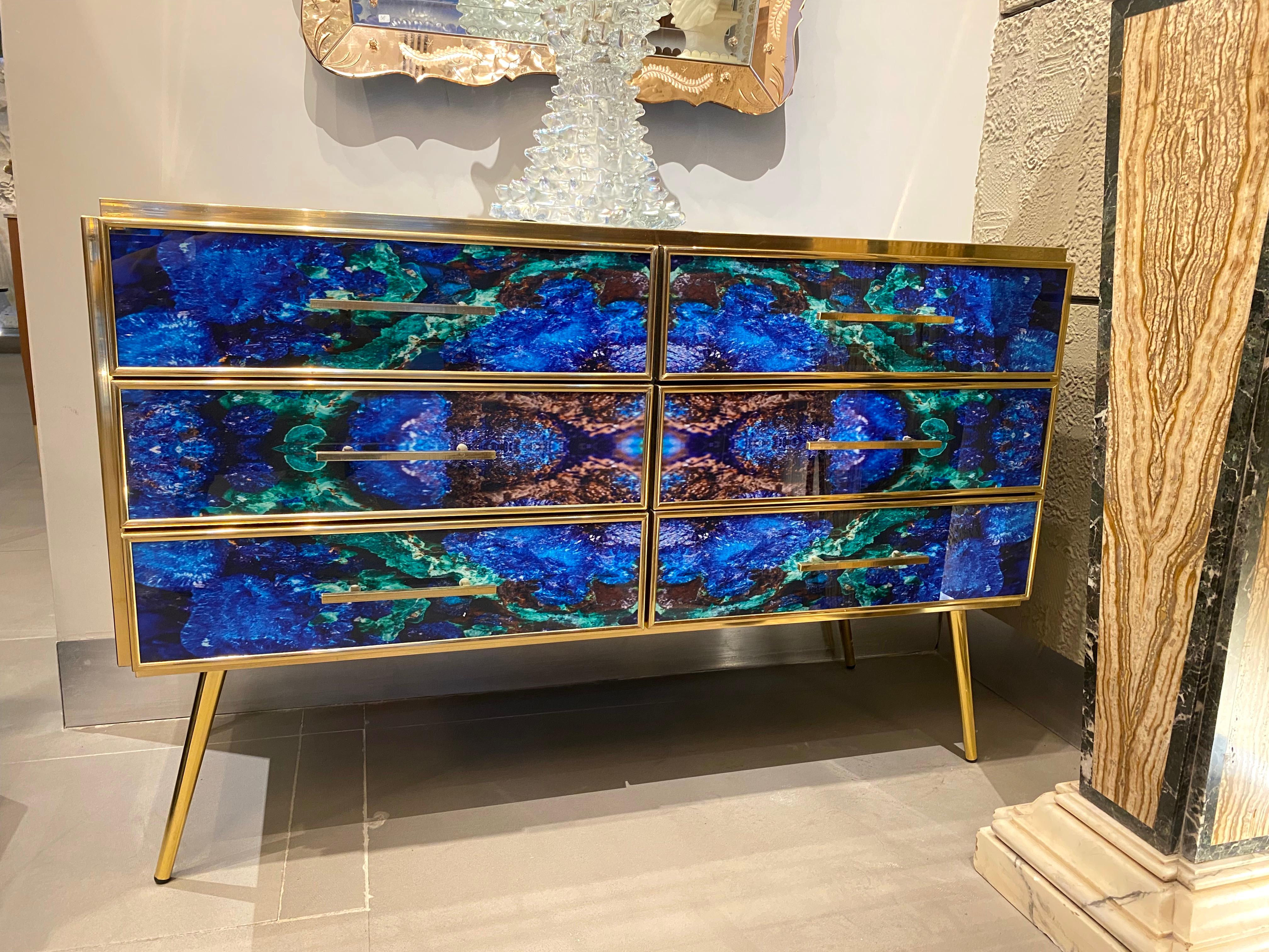 Italian Midcentury Style Brass and Lapis Lazuli Colored Murano Glass Commode For Sale