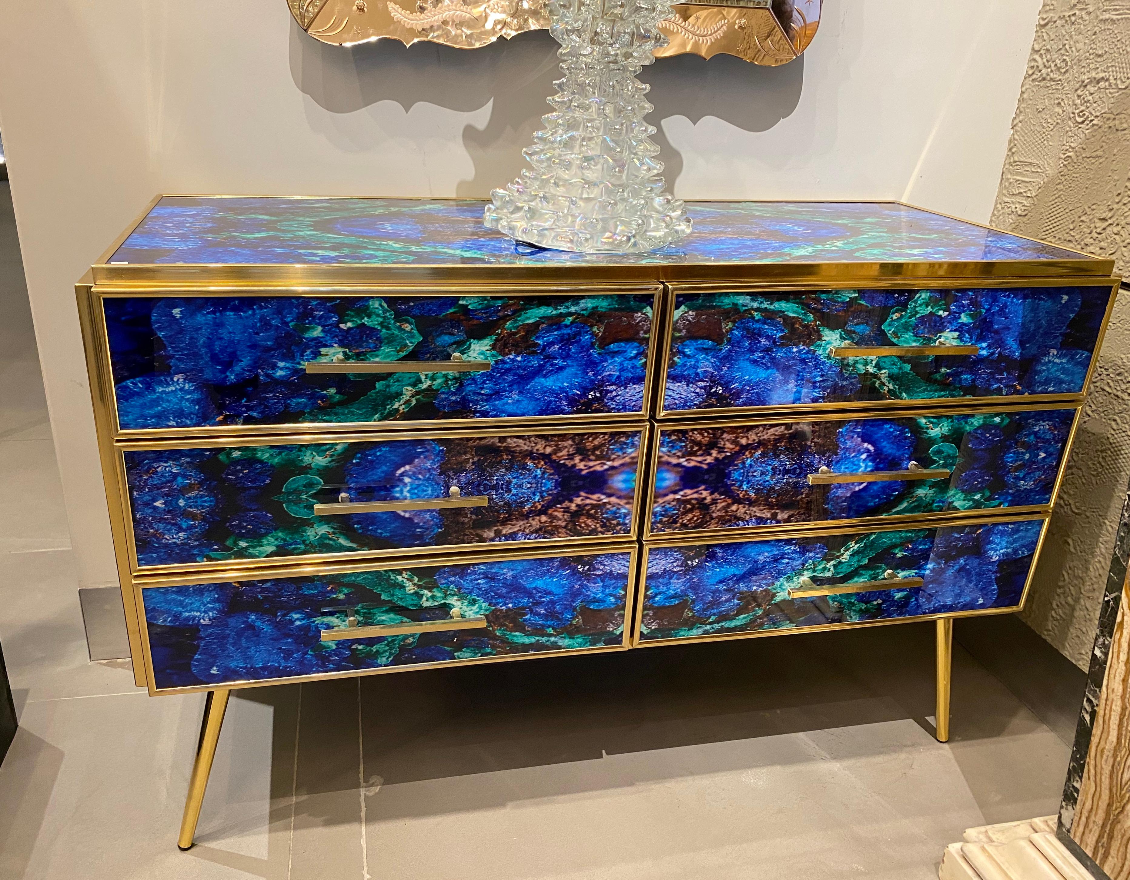 Italian Midcentury Style Brass and Lapis Lazuli Colored Murano Glass Commode For Sale