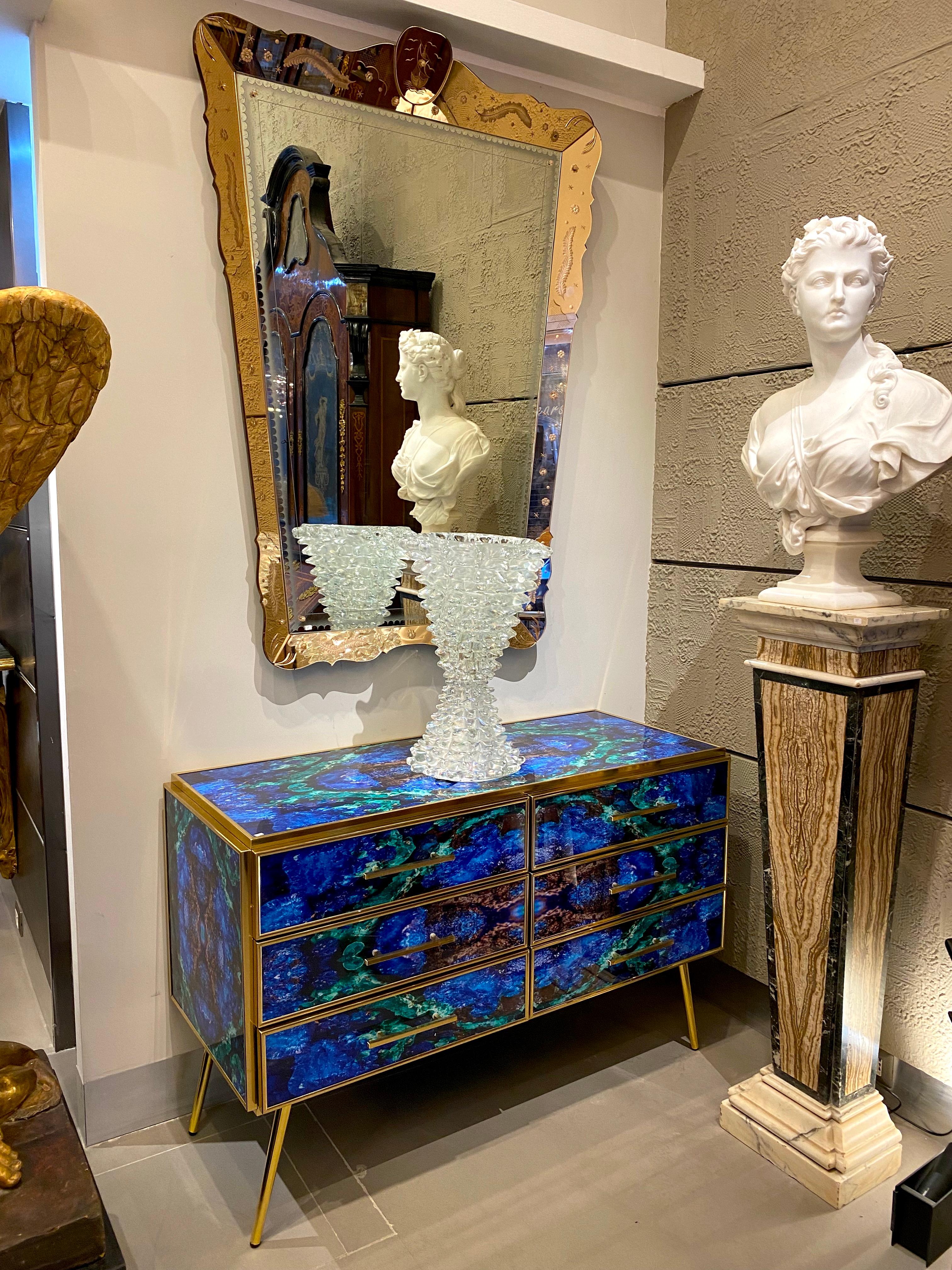 Contemporary Midcentury Style Brass and Lapis Lazuli Colored Murano Glass Commode For Sale
