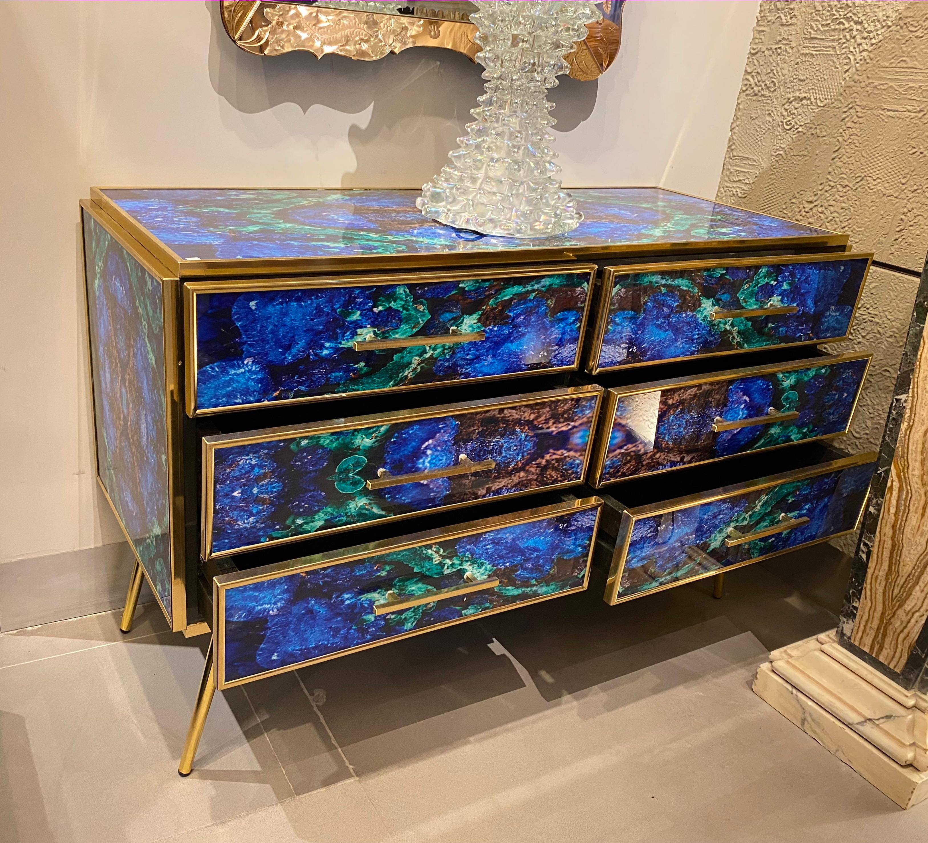 Midcentury Style Brass and Lapis Lazuli Colored Murano Glass Commode For Sale 1