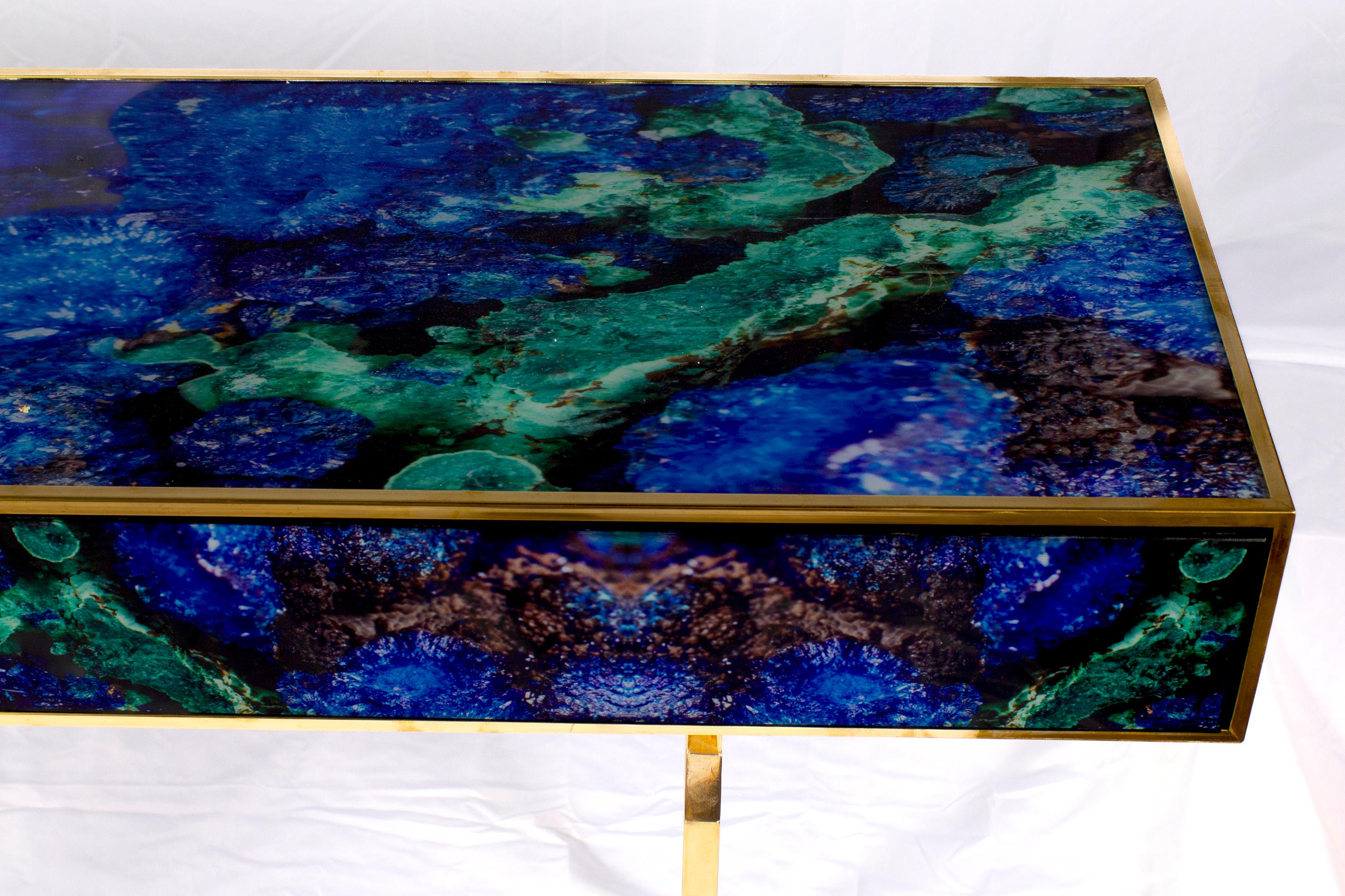 Midcentury Style Brass and Lapis Lazuli Colored Murano Glass Console Table For Sale 5