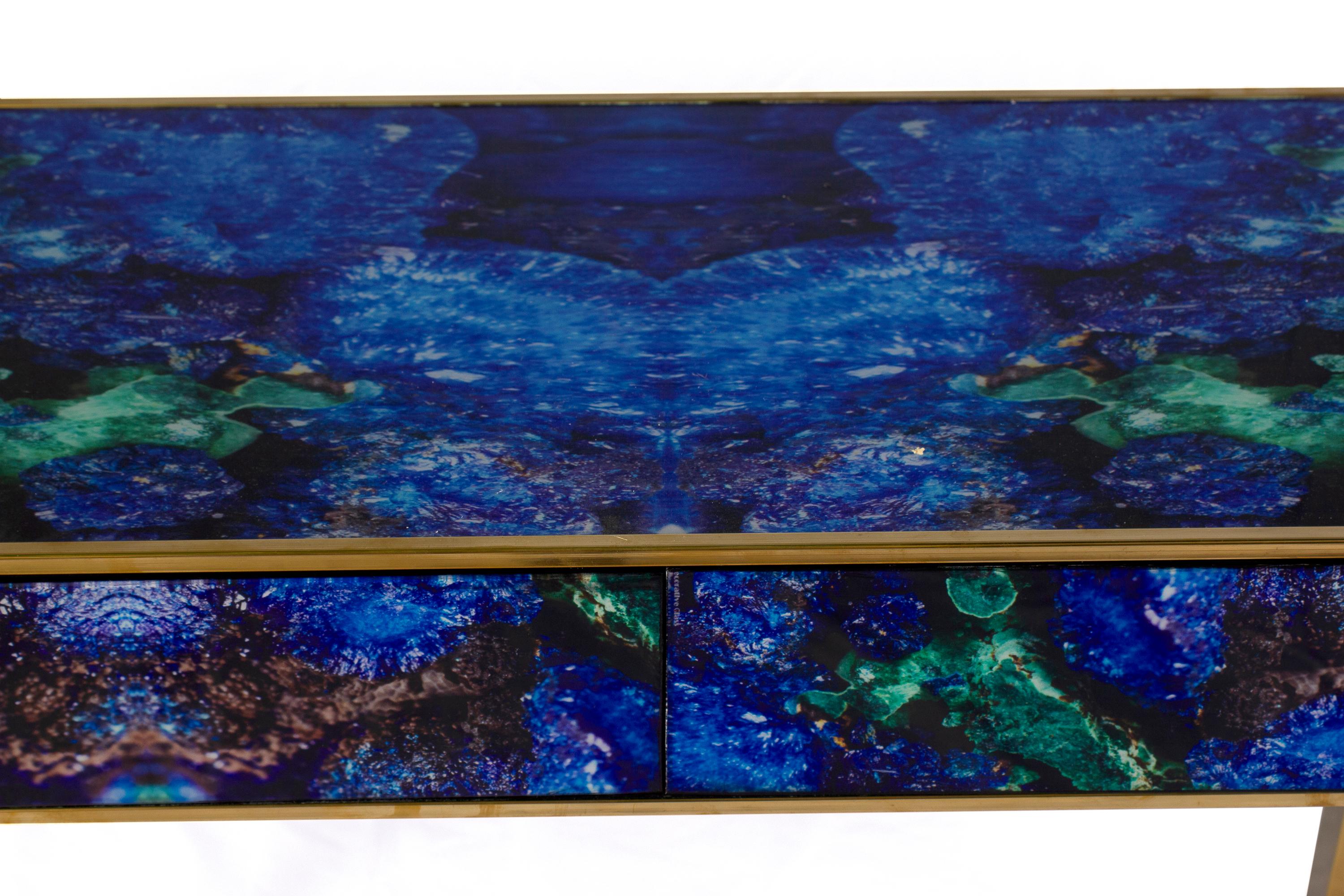 Midcentury Style Brass and Lapis Lazuli Colored Murano Glass Console Table For Sale 6