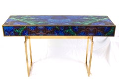 Midcentury Style Brass and Lapis Lazuli Colored Murano Glass Console Table
