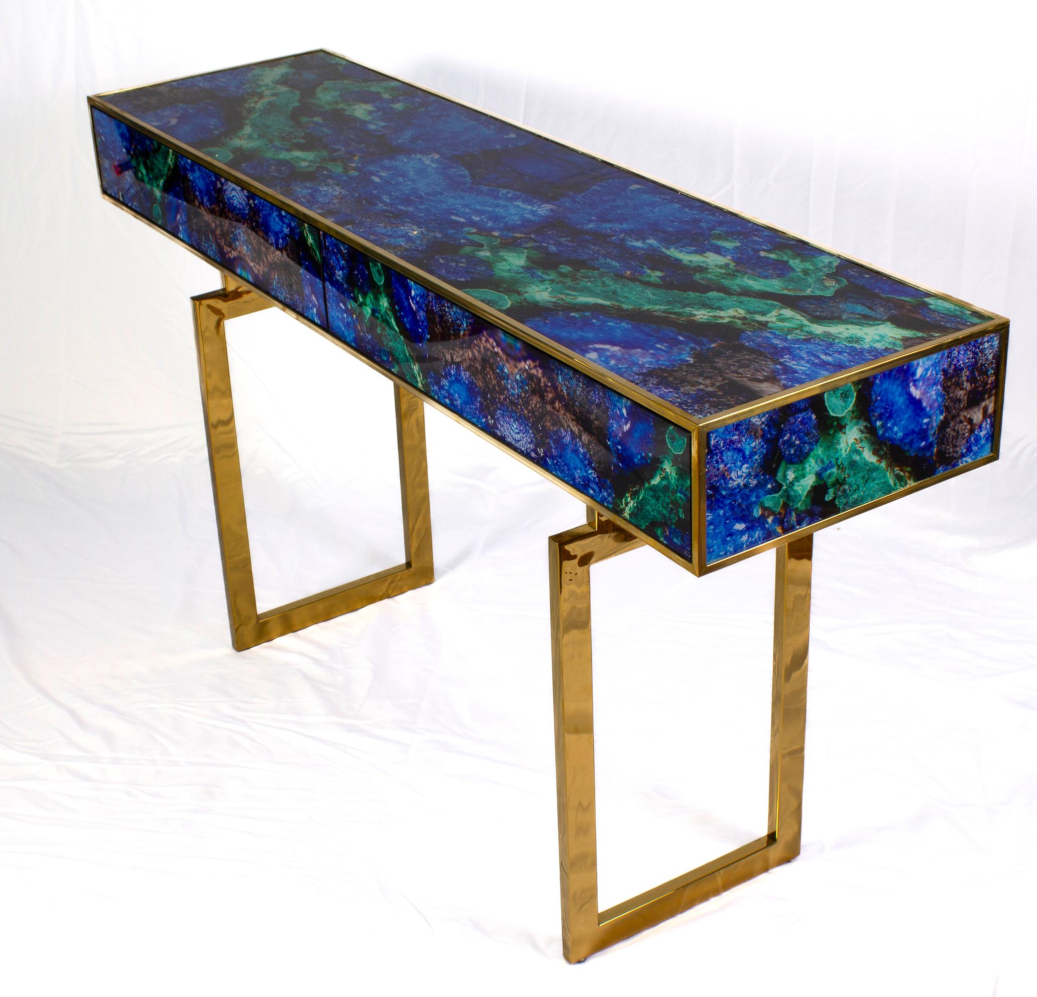 Mid-Century Modern Midcentury Style Brass and Lapis Lazuli Colored Murano Glass Console Table For Sale