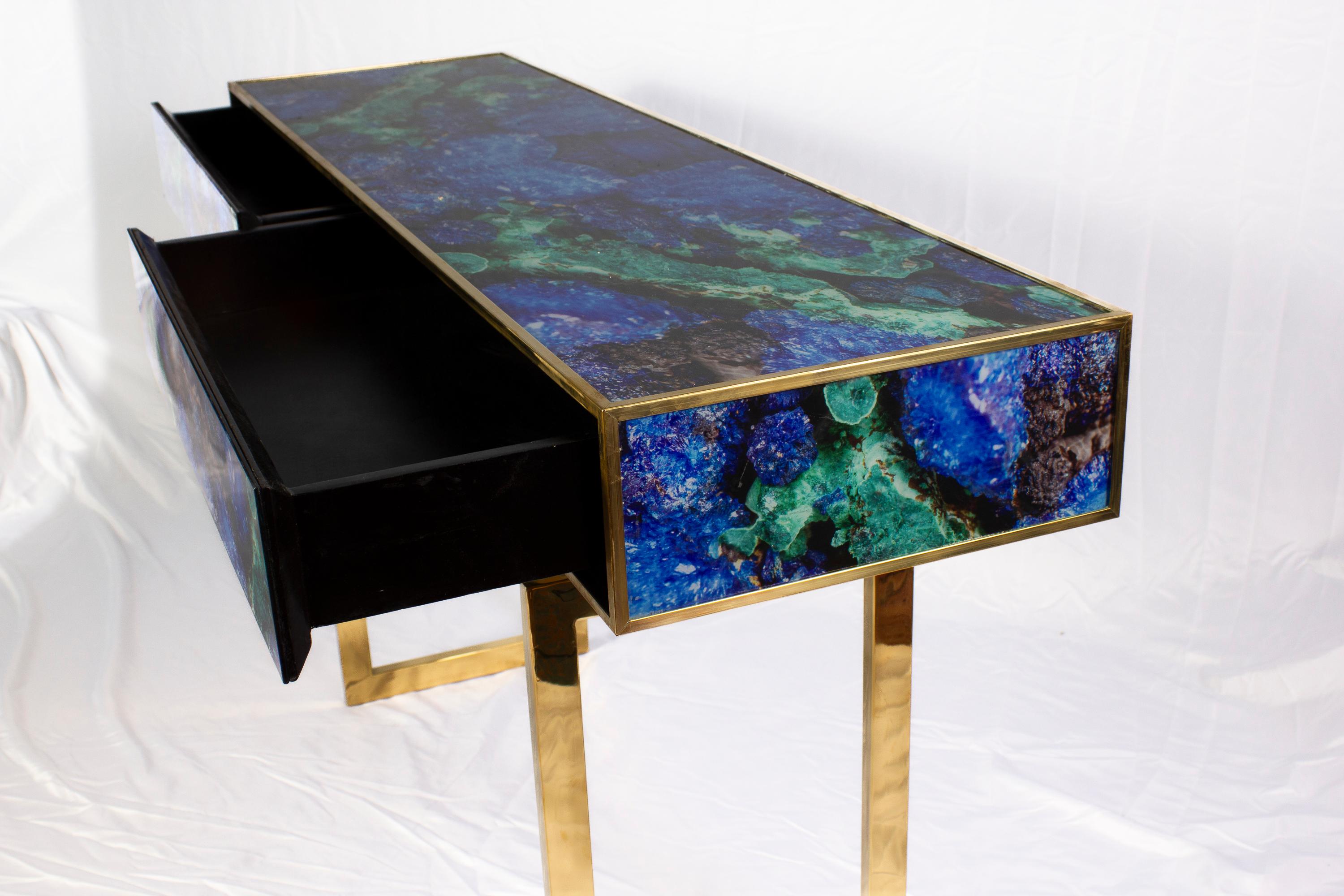 Midcentury Style Brass and Lapis Lazuli Colored Murano Glass Console Table  In New Condition For Sale In Rome, IT