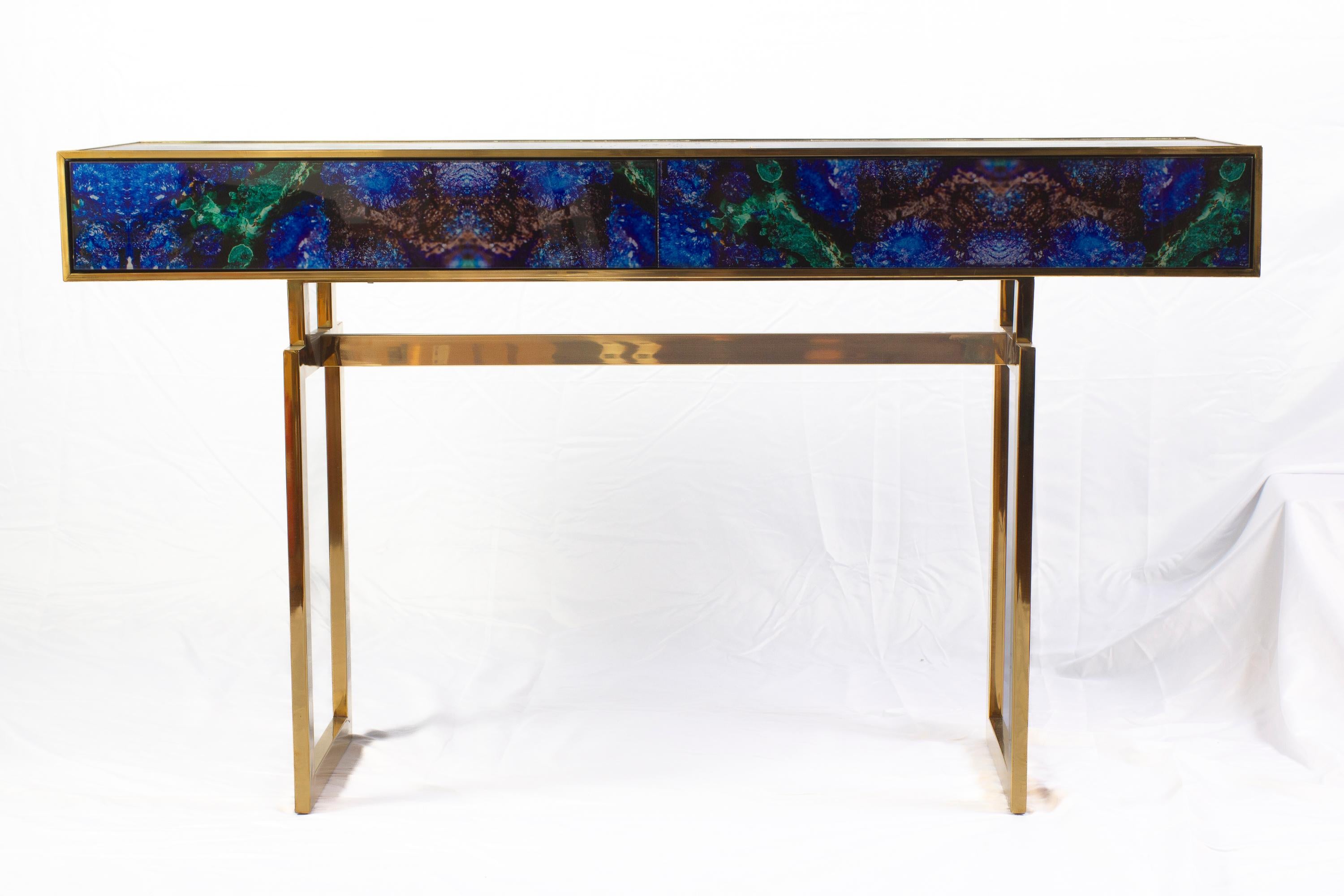 Contemporary Midcentury Style Brass and Lapis Lazuli Colored Murano Glass Console Table For Sale