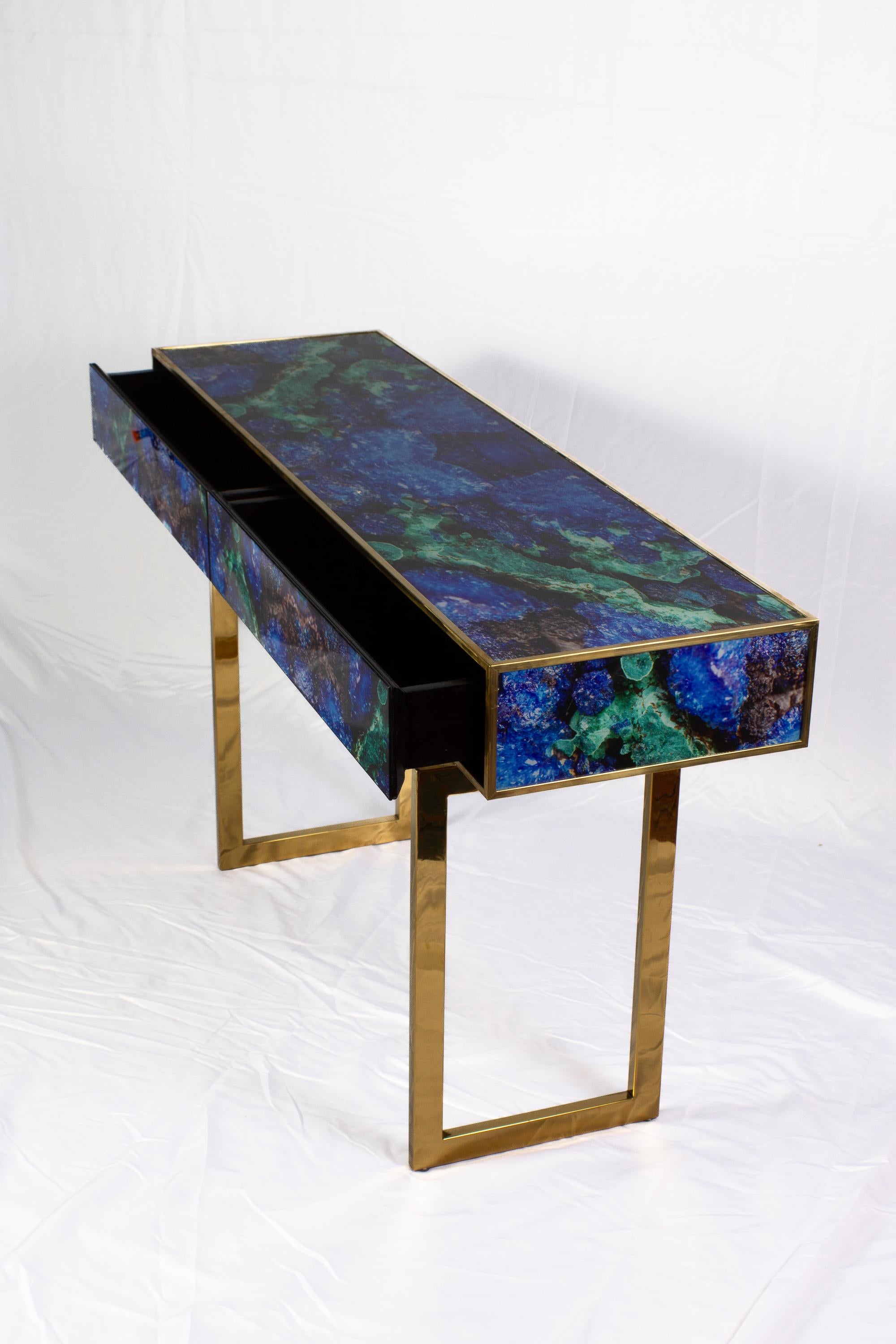 Midcentury Style Brass and Lapis Lazuli Colored Murano Glass Console Table  For Sale 1