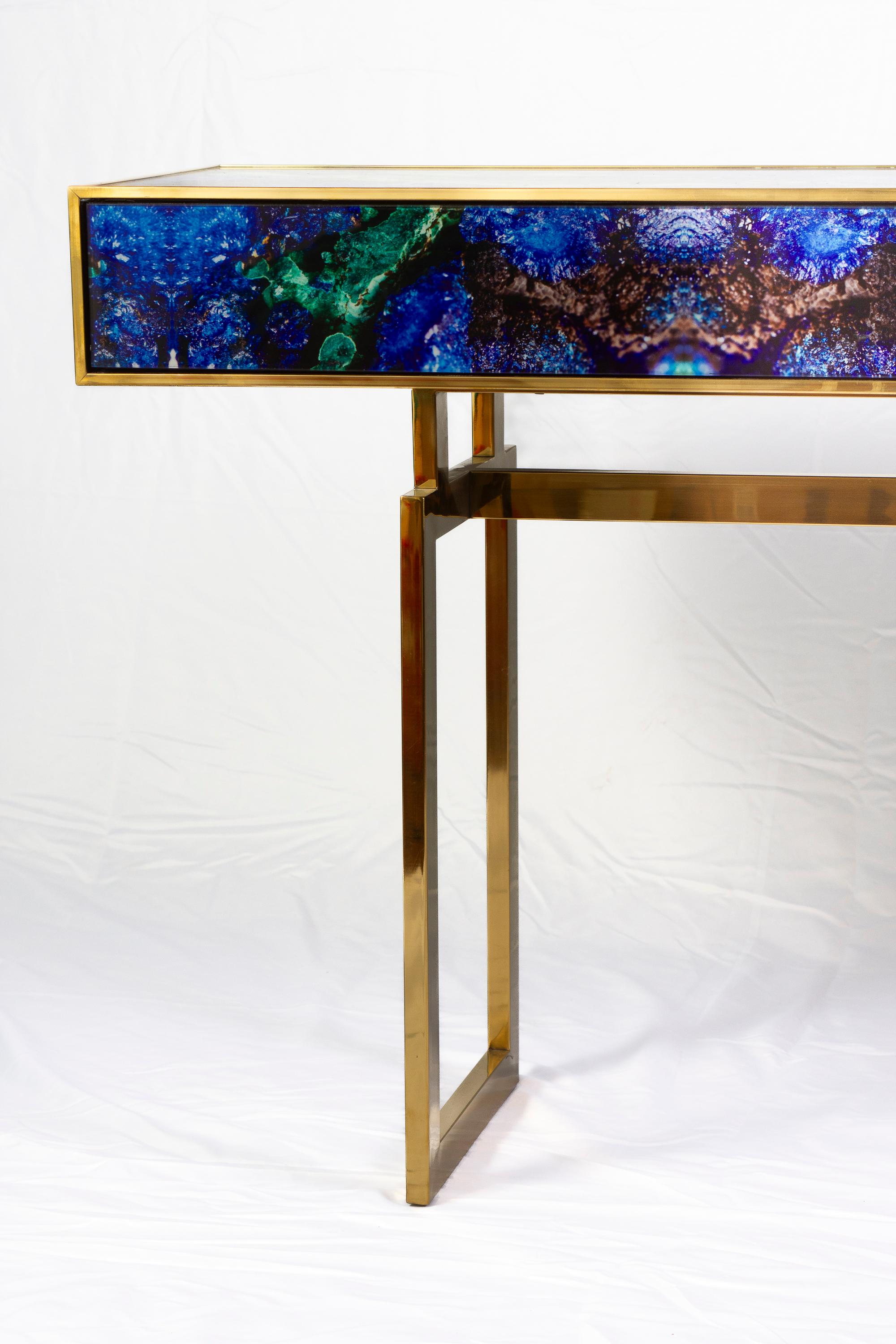 Midcentury Style Brass and Lapis Lazuli Colored Murano Glass Console Table For Sale 1