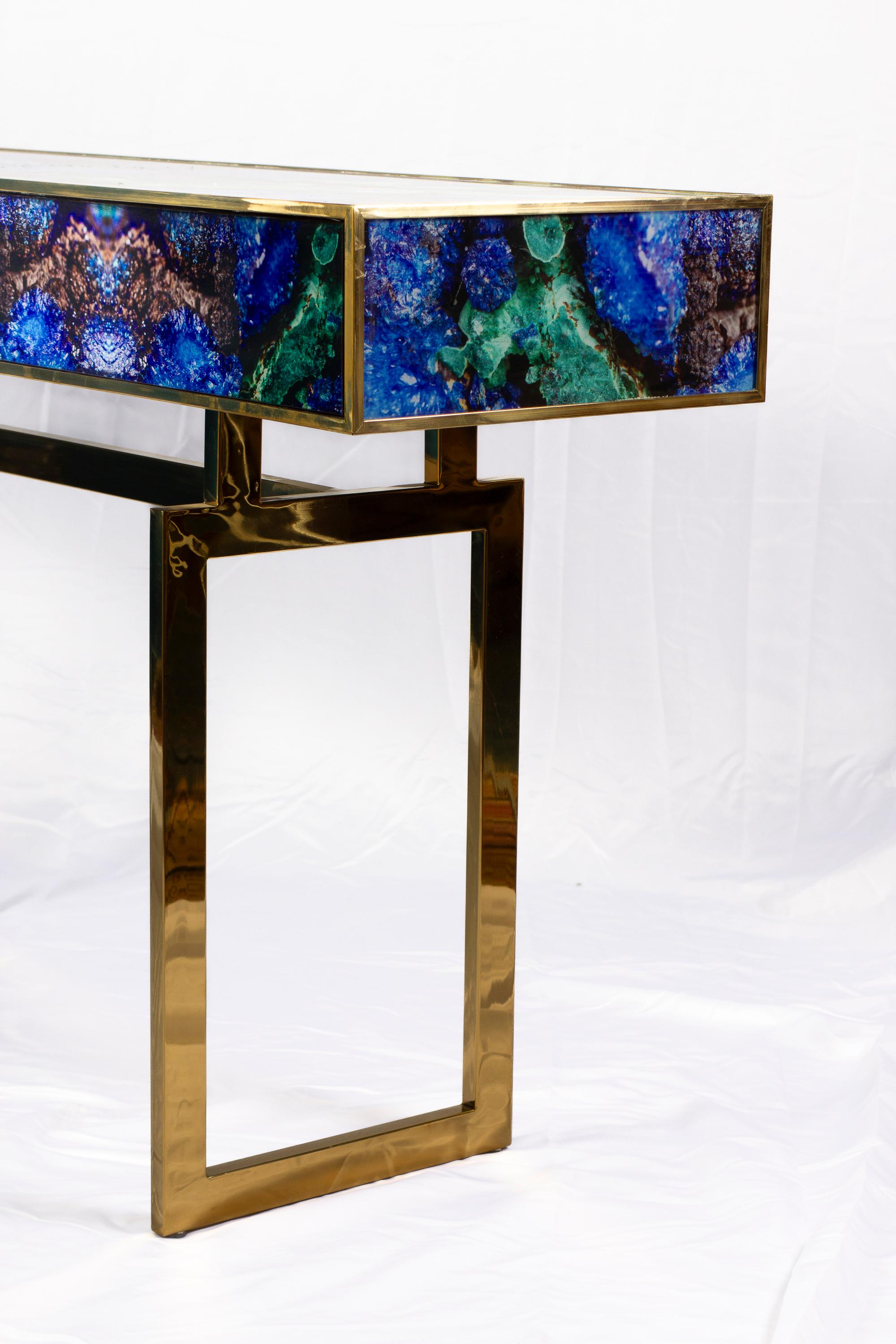 Midcentury Style Brass and Lapis Lazuli Colored Murano Glass Console Table For Sale 3