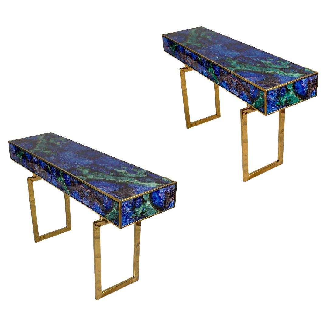 Midcentury Style Brass and Lapis Lazuli Colored Murano Glass Console Table  For Sale