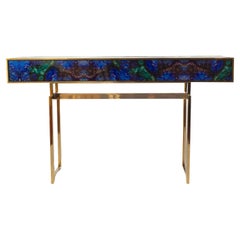 Table console de style mi-siècle en laiton et verre de Murano de couleur lapis-lazuli 