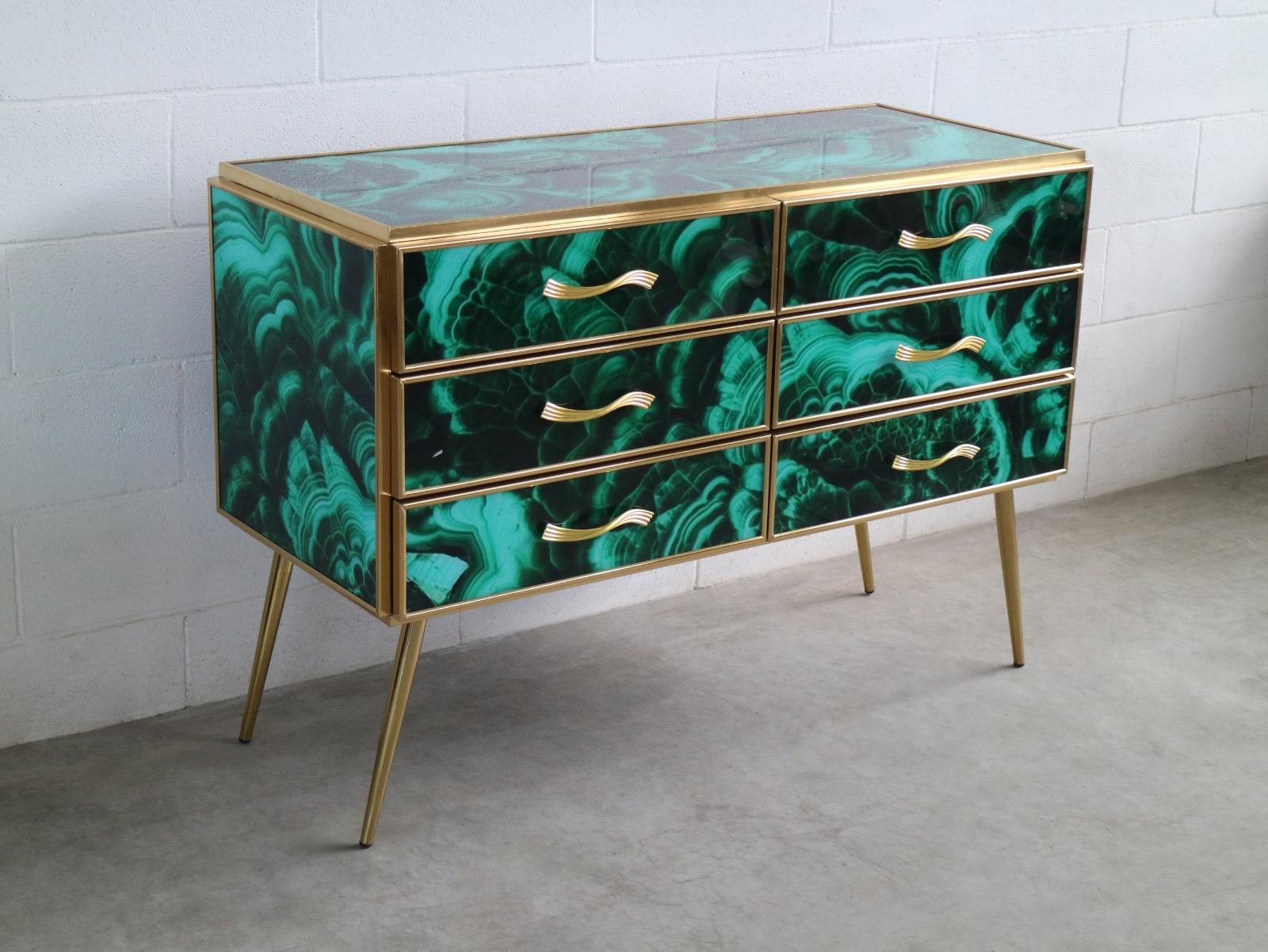 Midcentury Style Brass and Malachite Colored Murano Glass Commode, 2020 For Sale 4